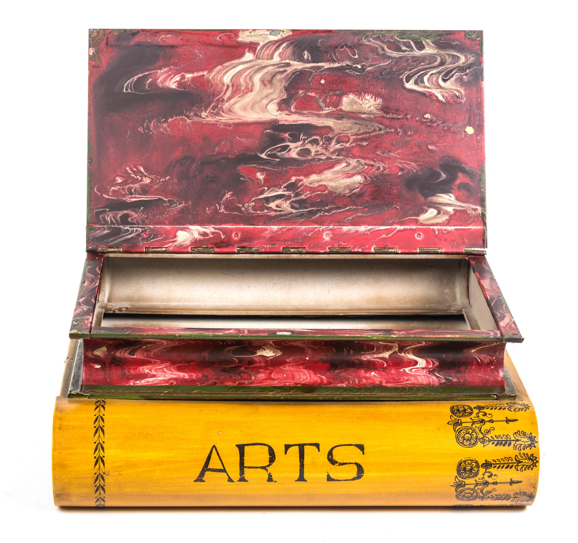 A Book Stack Form Tole Box Height 4 1/2 x length 11 x width 8 1/2 inches. — 20TH CENTURY