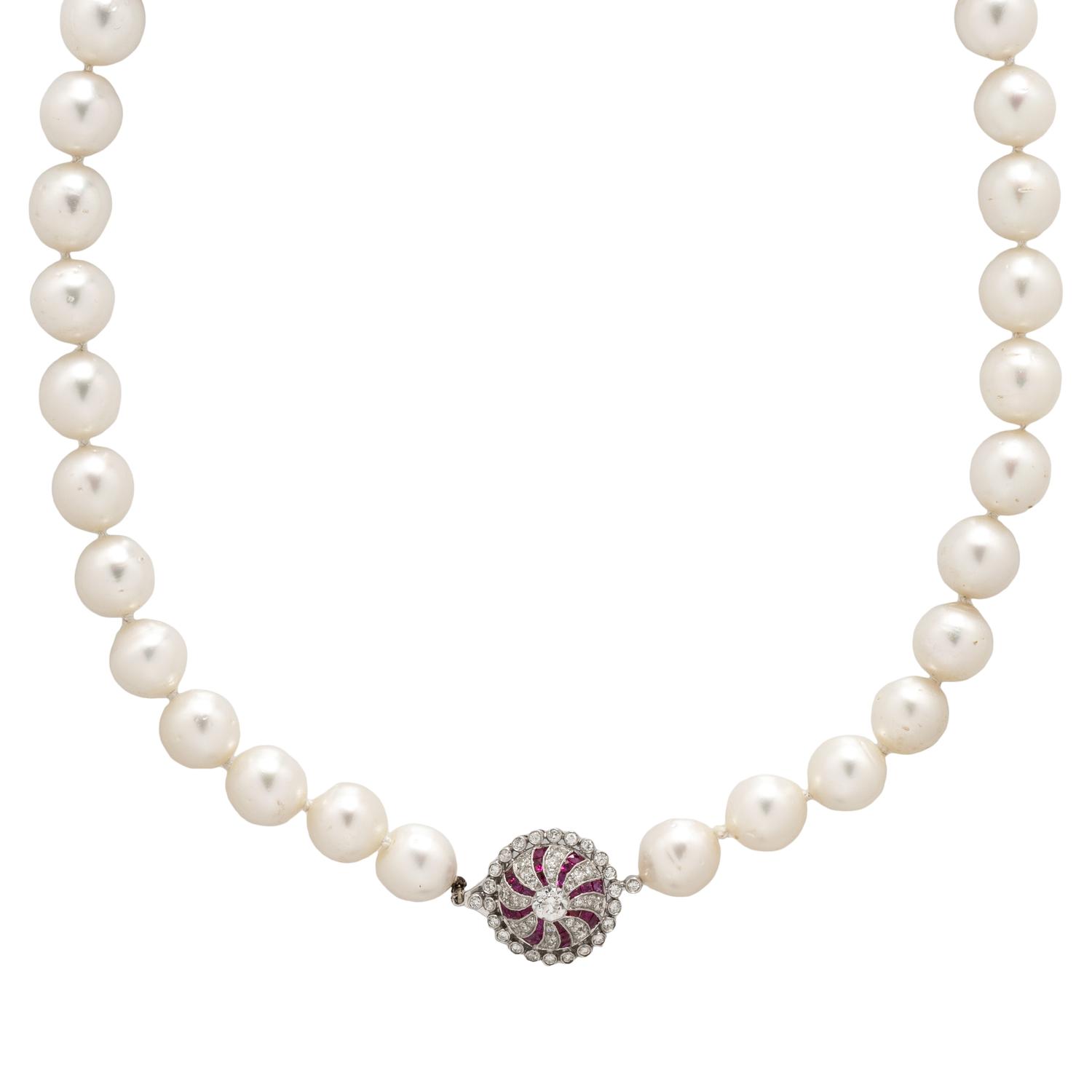 SOUTH SEA CULTURED PEARL, DIAMOND, AND RUBY NECKLACE