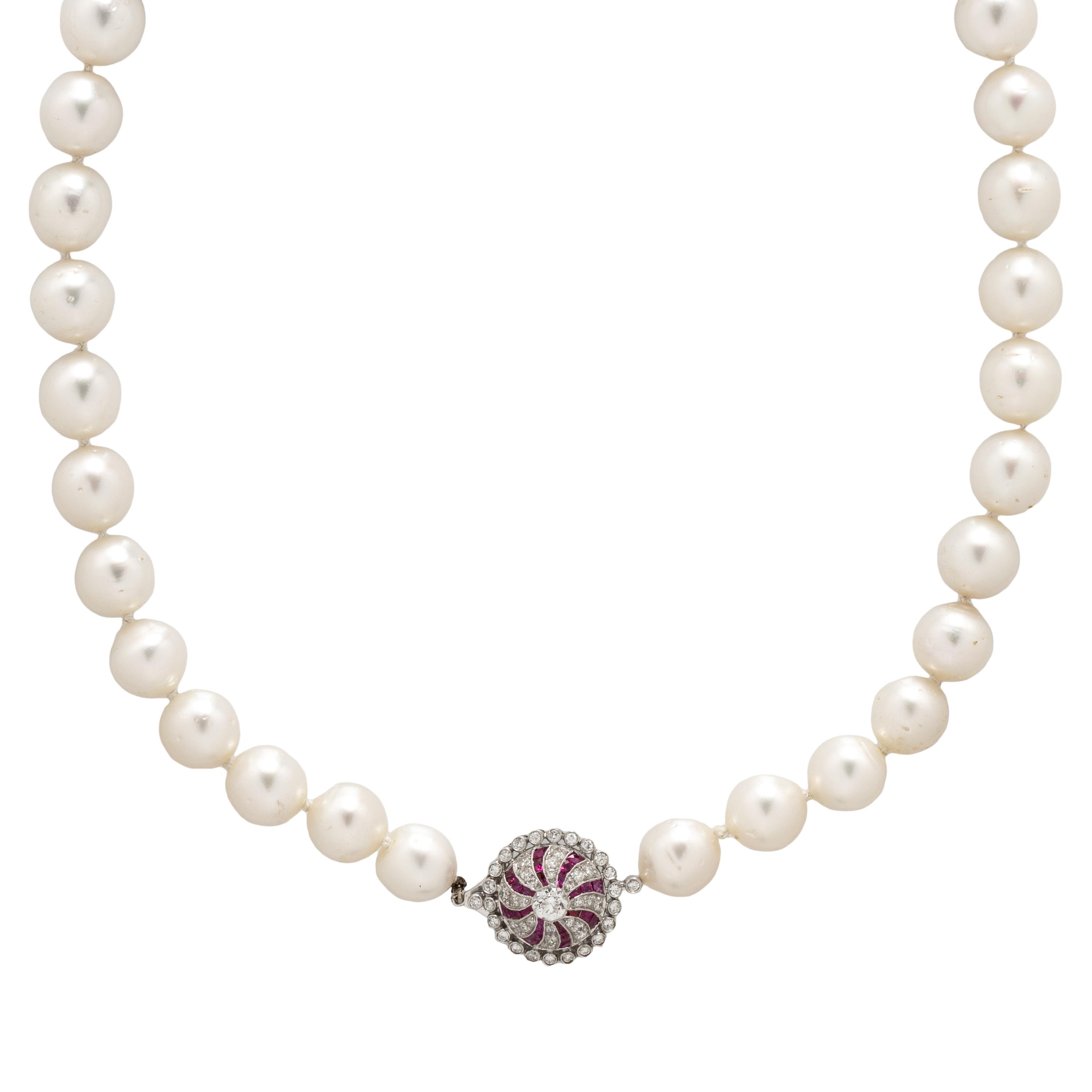 SOUTH SEA CULTURED PEARL, DIAMOND, AND RUBY NECKLACE