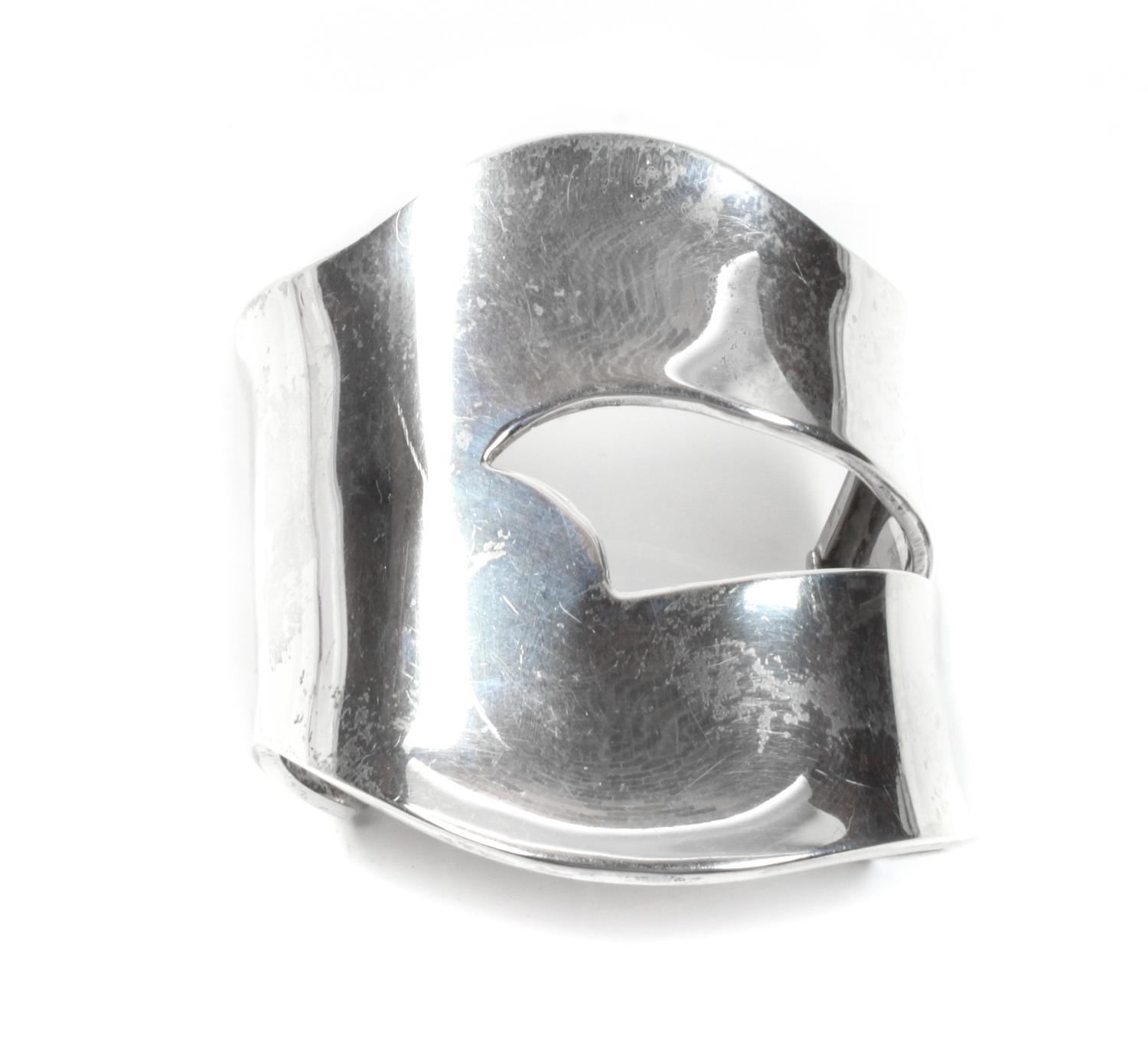 Mary-Rita Padilla Large Silver Cuff Bracelet Length 5 5/8 x opening 1 7/8 x width 3 inches
