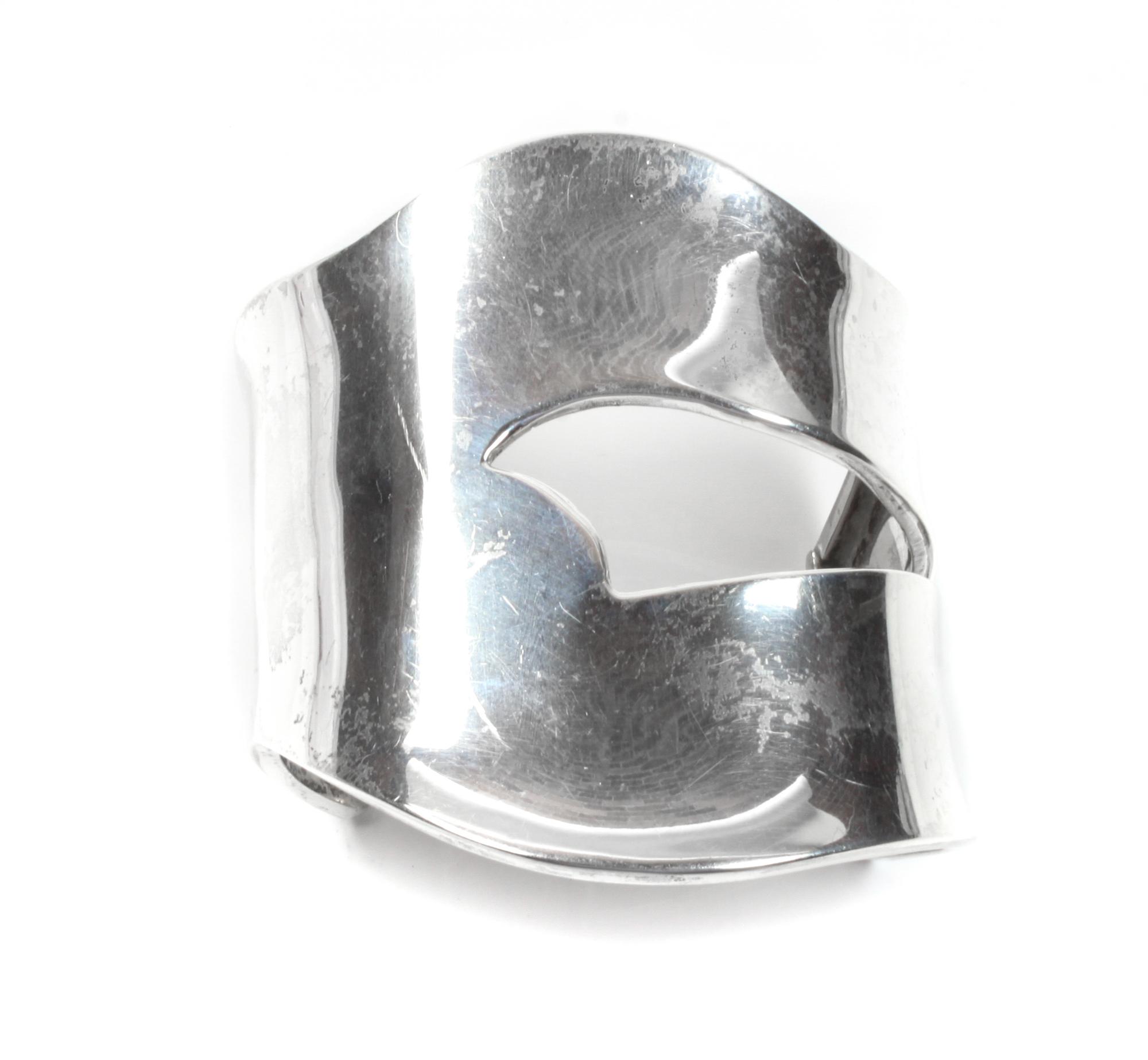 Mary-Rita Padilla Large Silver Cuff Bracelet Length 5 5/8 x opening 1 7/8 x width 3 inches