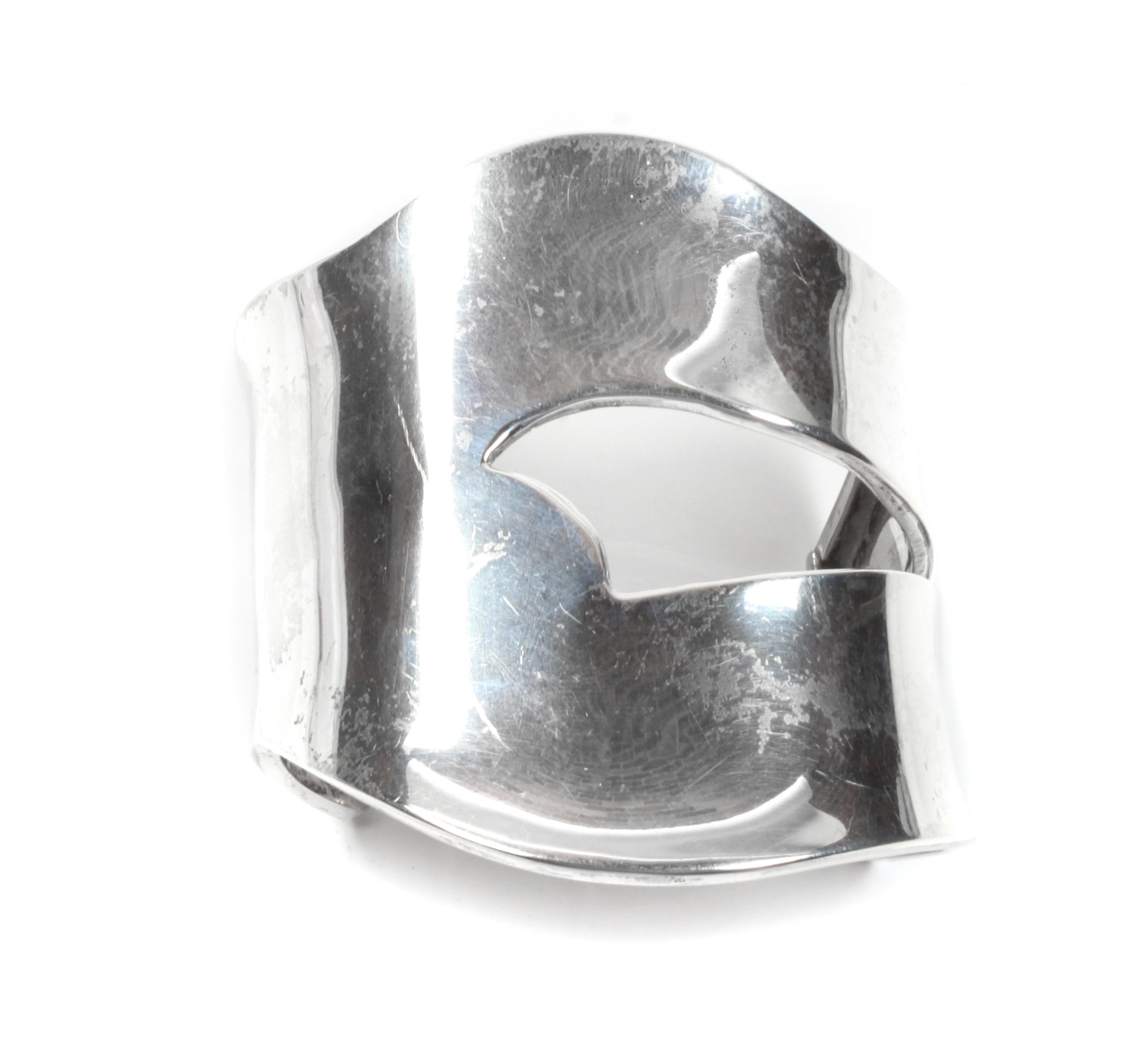 Mary-Rita Padilla Large Silver Cuff Bracelet Length 5 5/8 x opening 1 7/8 x width 3 inches