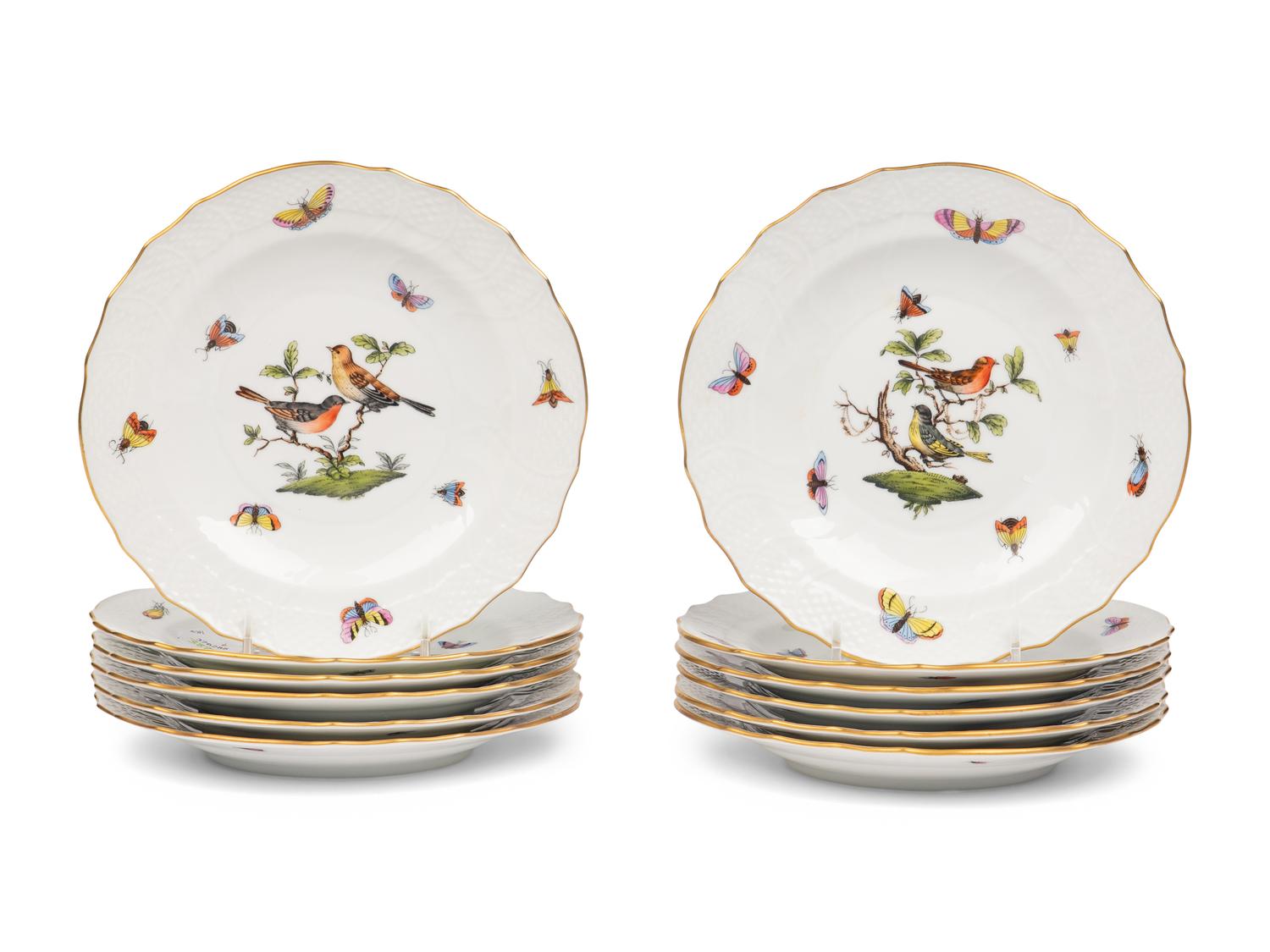 A Set of Twelve Herend Rothschild Bird Porcelain Salad Plates