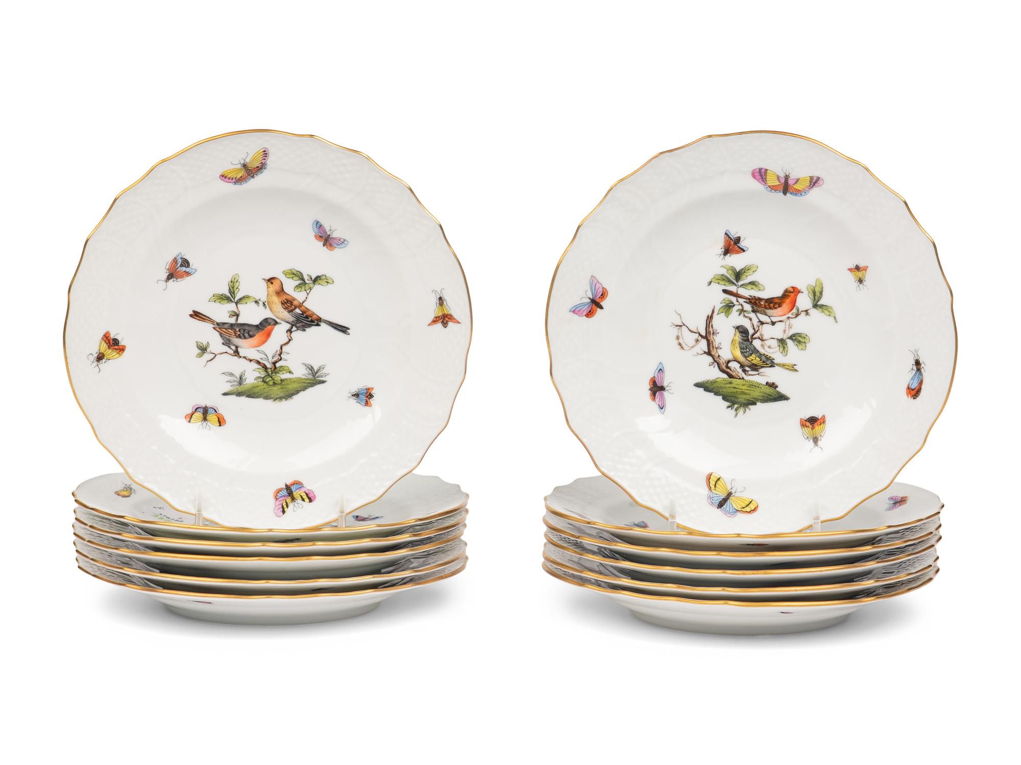A Set of Twelve Herend Rothschild Bird Porcelain Salad Plates