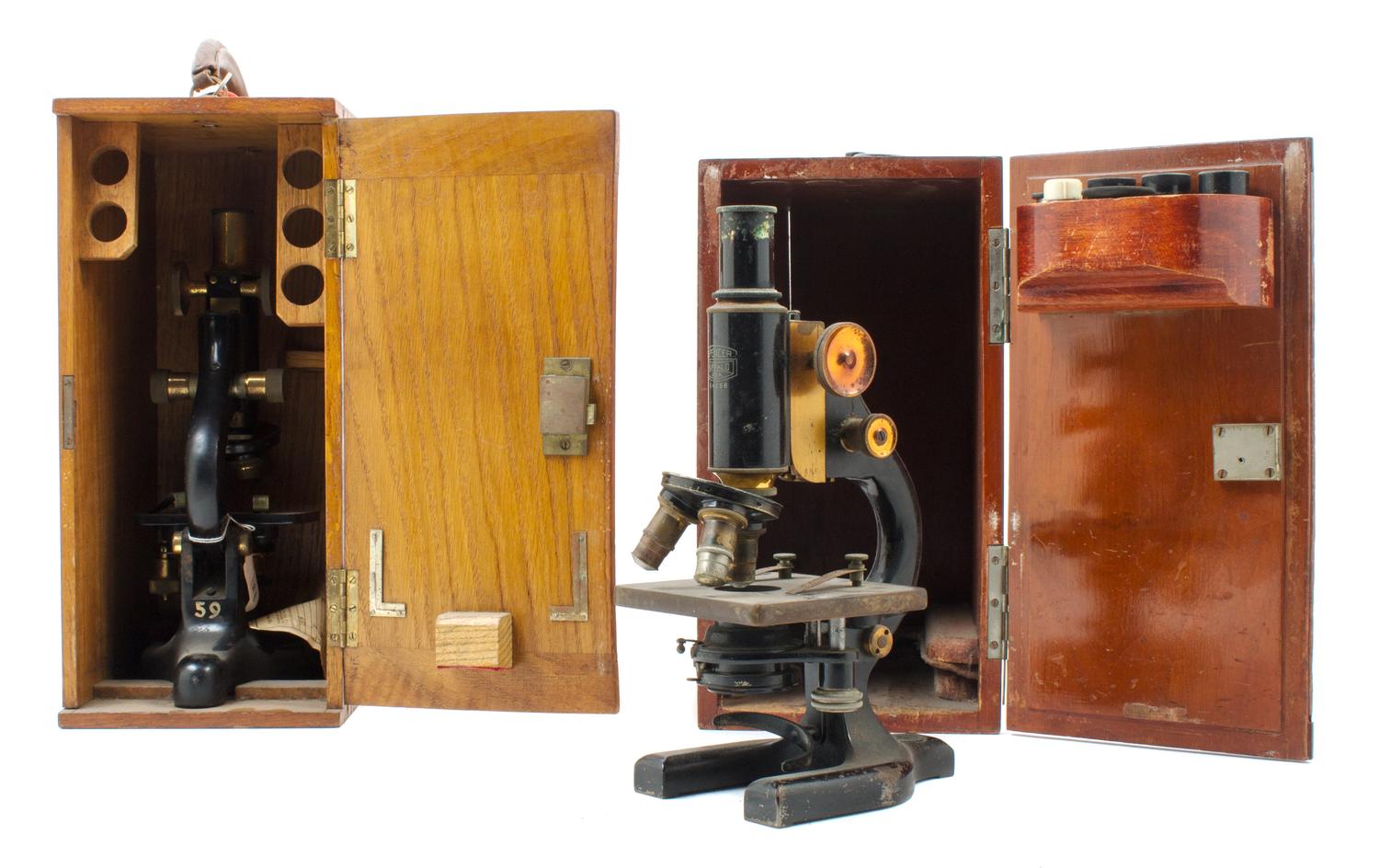 Two Brass and Black Lacquered Microscopes Height of taller 12 inches. — LATE 19TH/EARLY 20TH CENTURY