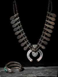 Sterling Silver and High Grade Turquoise Squash Blossom Necklace and Matching Cuff Bracelet