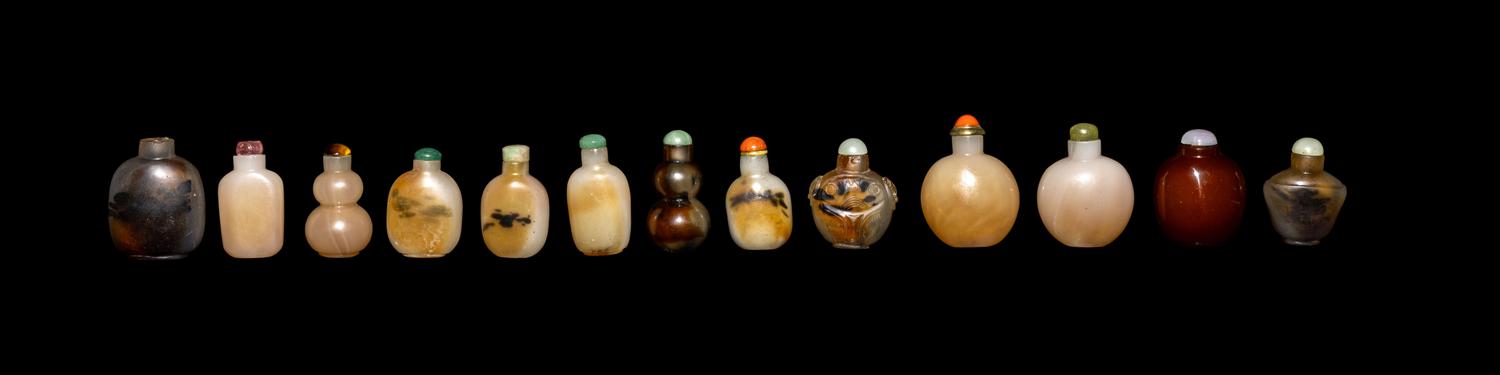 13 Chinese Glass Imitating Agate Snuff Bottles