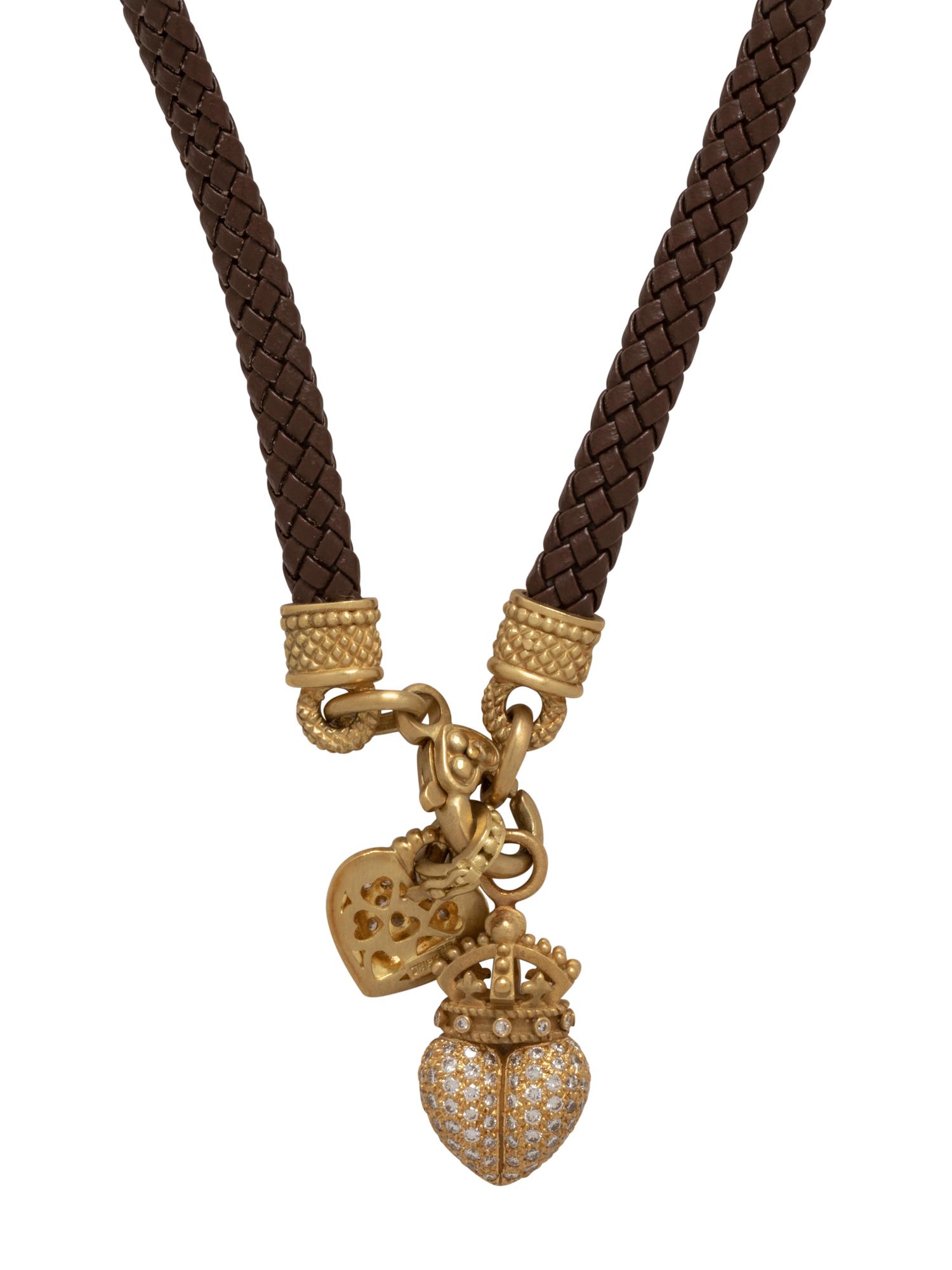 JUDITH RIPKA, LEATHER CORD, YELLOW GOLD AND DIAMOND NECKLACE