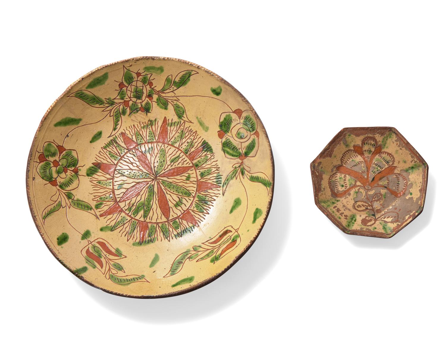 Two Glazed and Sgraffito- Decorated Redware Dishes, One Attributed to John Leidy (1753-1818), Montgomery County, Pennsylvania
