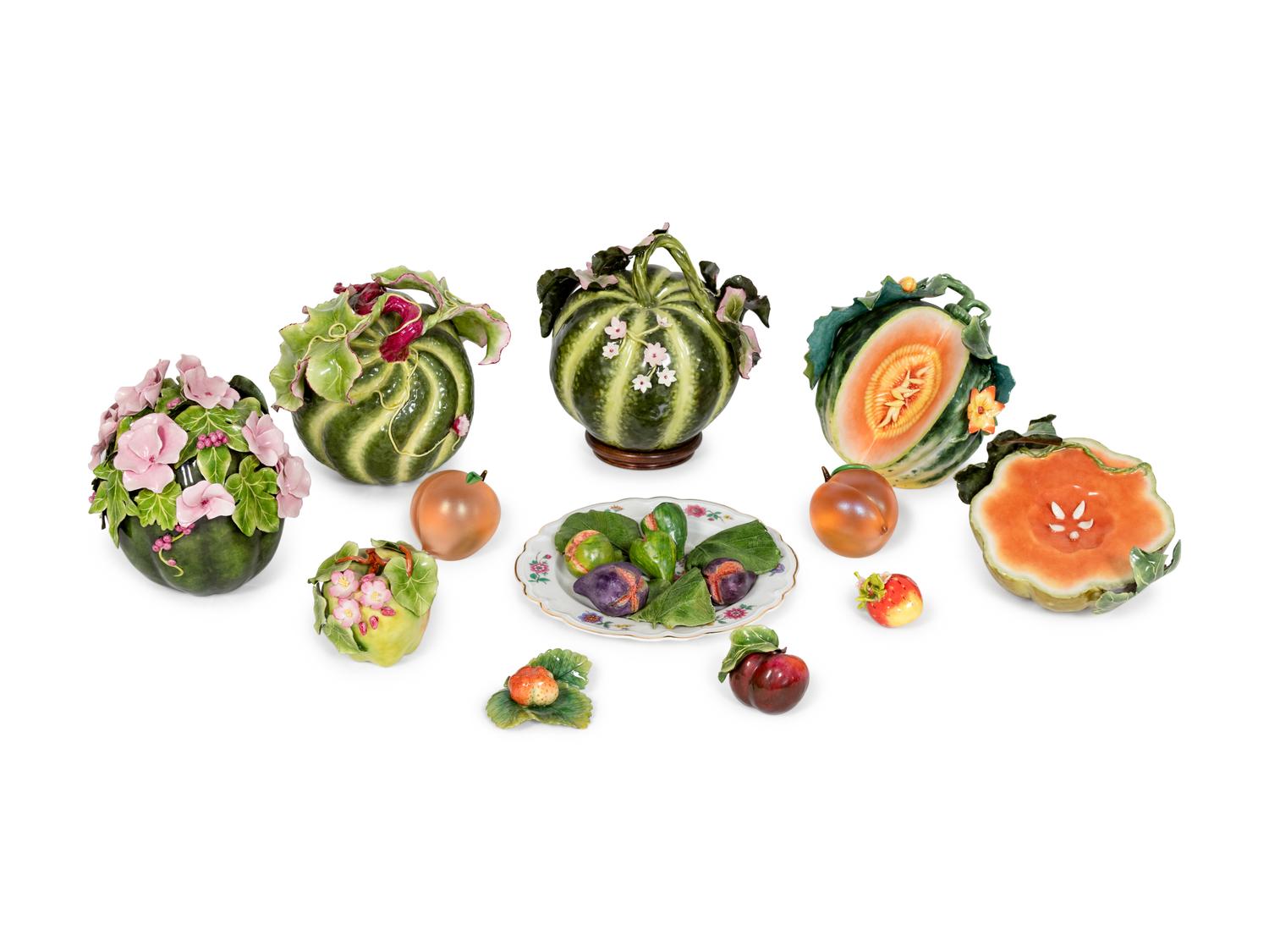 A Collection of Twelve Ceramic and Glass Fruits and Gourds
