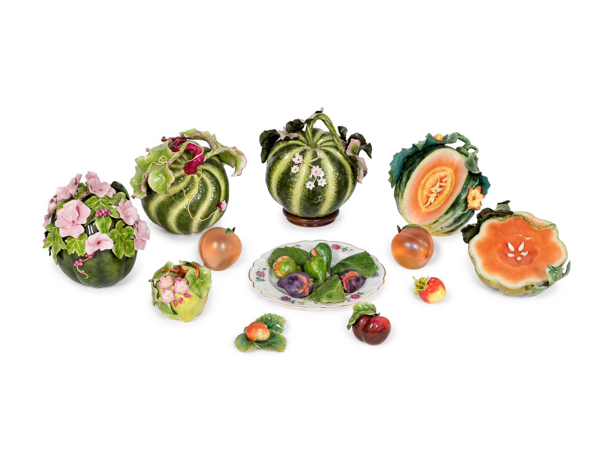 A Collection of Twelve Ceramic and Glass Fruits and Gourds