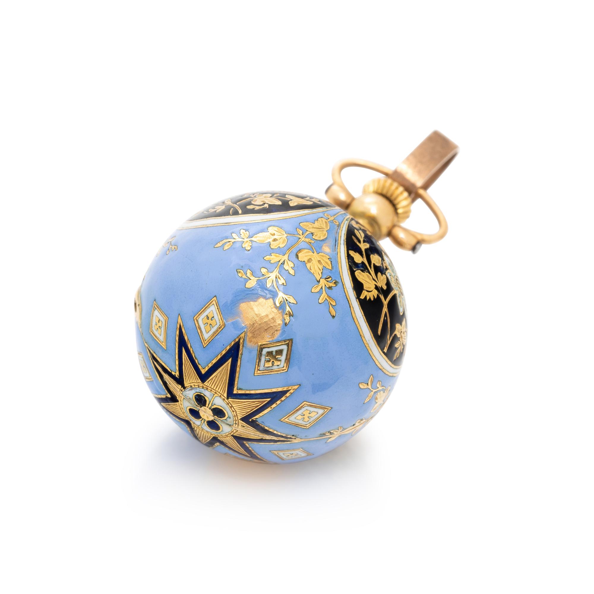 ANTIQUE, ENAMEL AND YELLOW GOLD PENDANT BALL WATCH