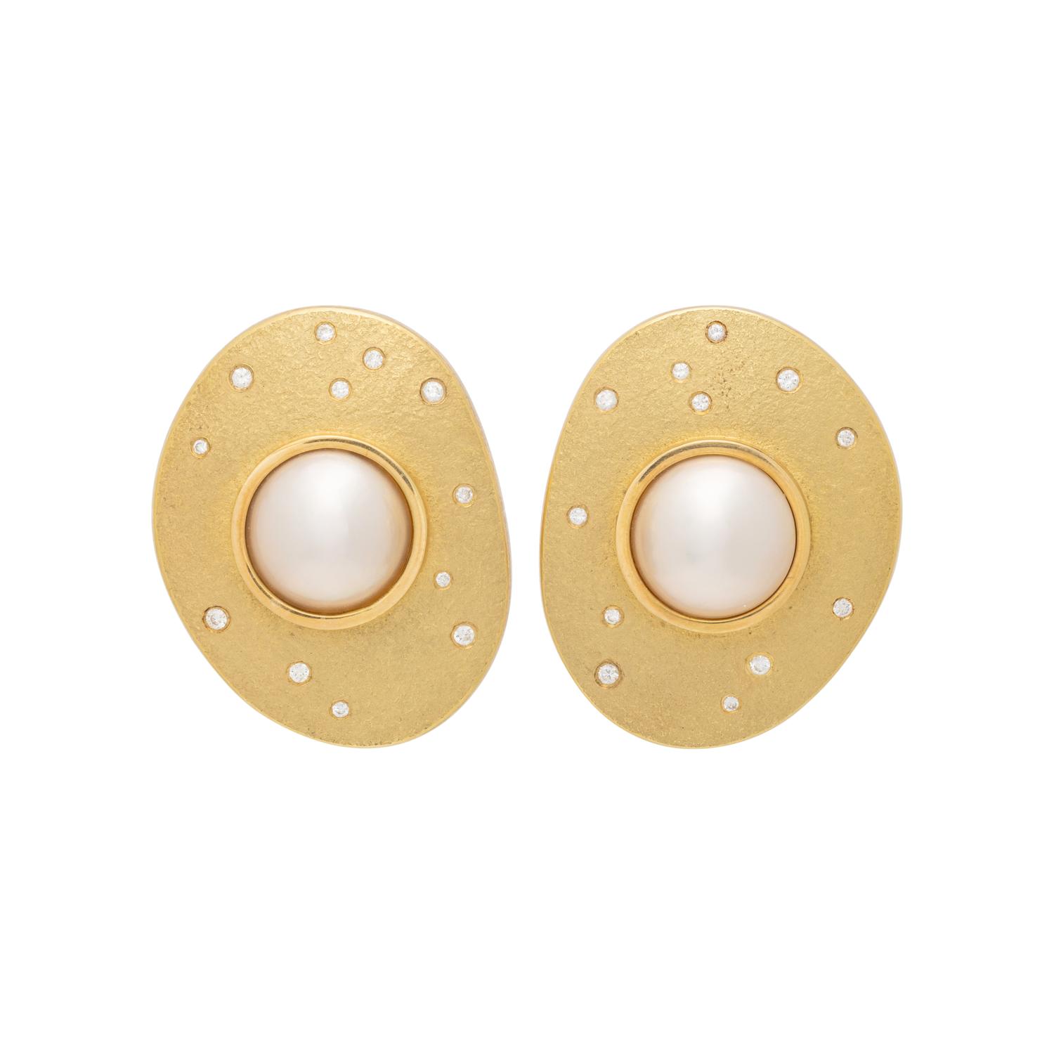 YELLOW GOLD, MABE CULTURED PEARL AND DIAMOND CLIP EARRINGS