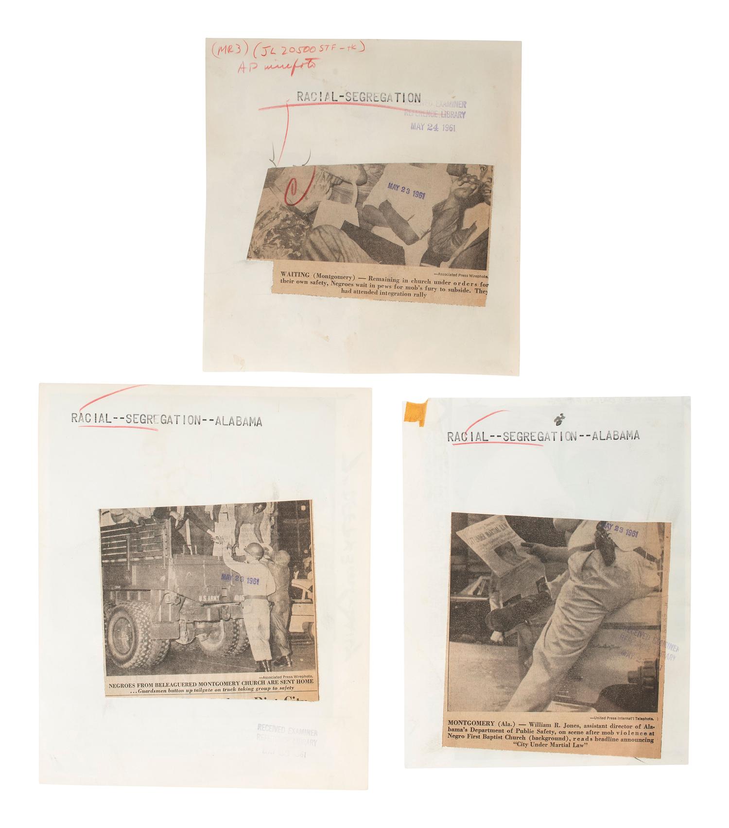[CIVIL RIGHTS]. A group of 3 press photographs documenting the aftermath of a riot protesting a rally held in support of the Freedom Riders at the First Baptist Church in Montgomery, AL. May 1961.