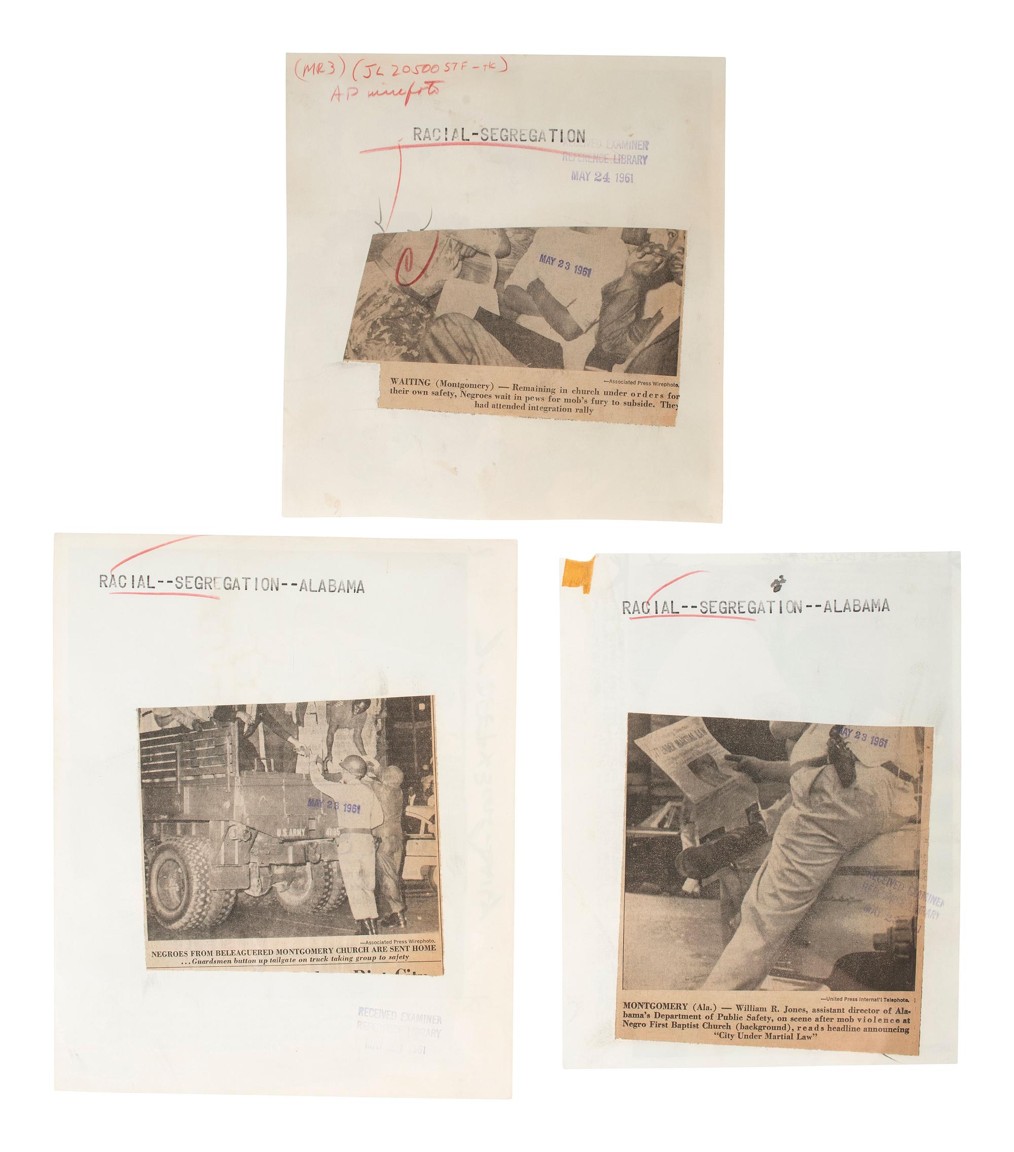 [CIVIL RIGHTS]. A group of 3 press photographs documenting the aftermath of a riot protesting a rally held in support of the Freedom Riders at the First Baptist Church in Montgomery, AL. May 1961.