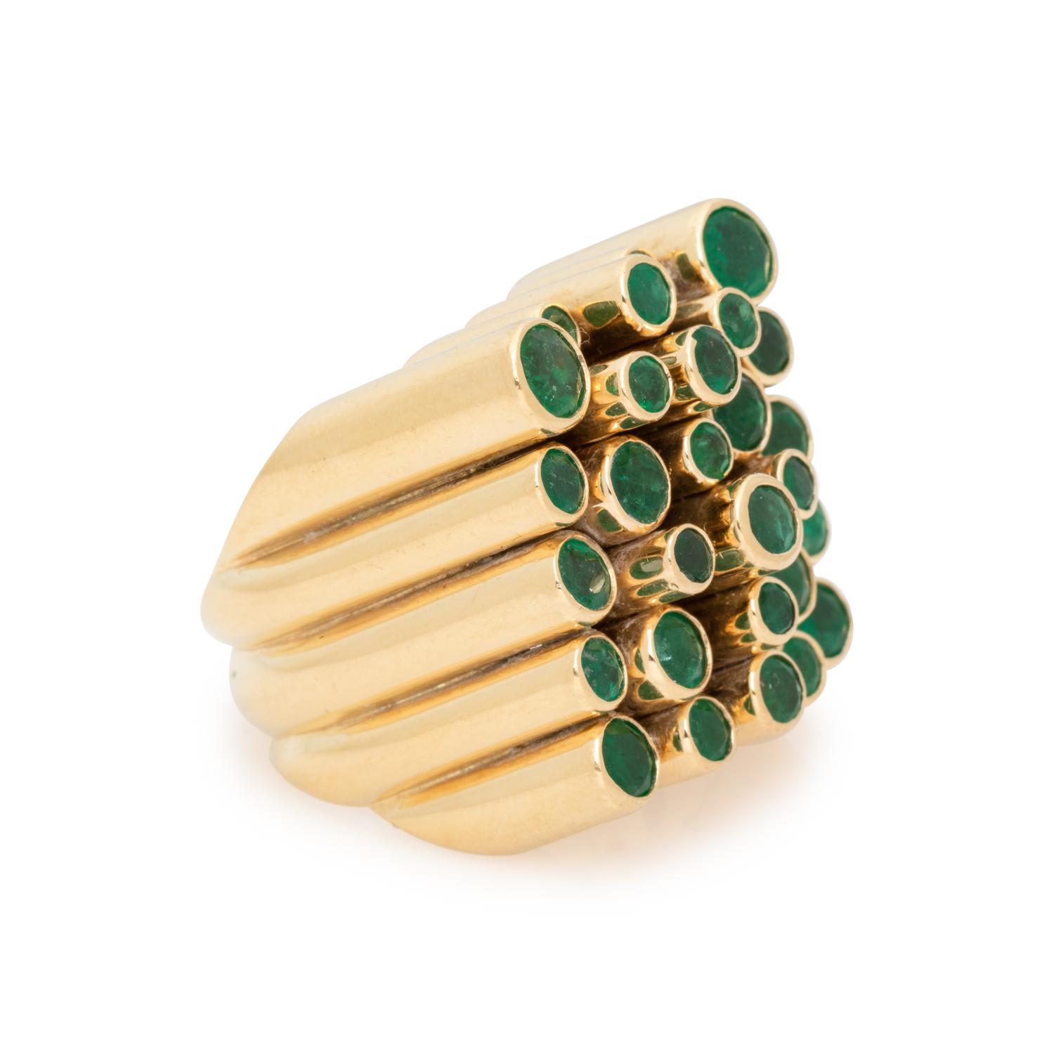 MODERNIST, YELLOW GOLD AND SYNTHETIC EMERALD RING