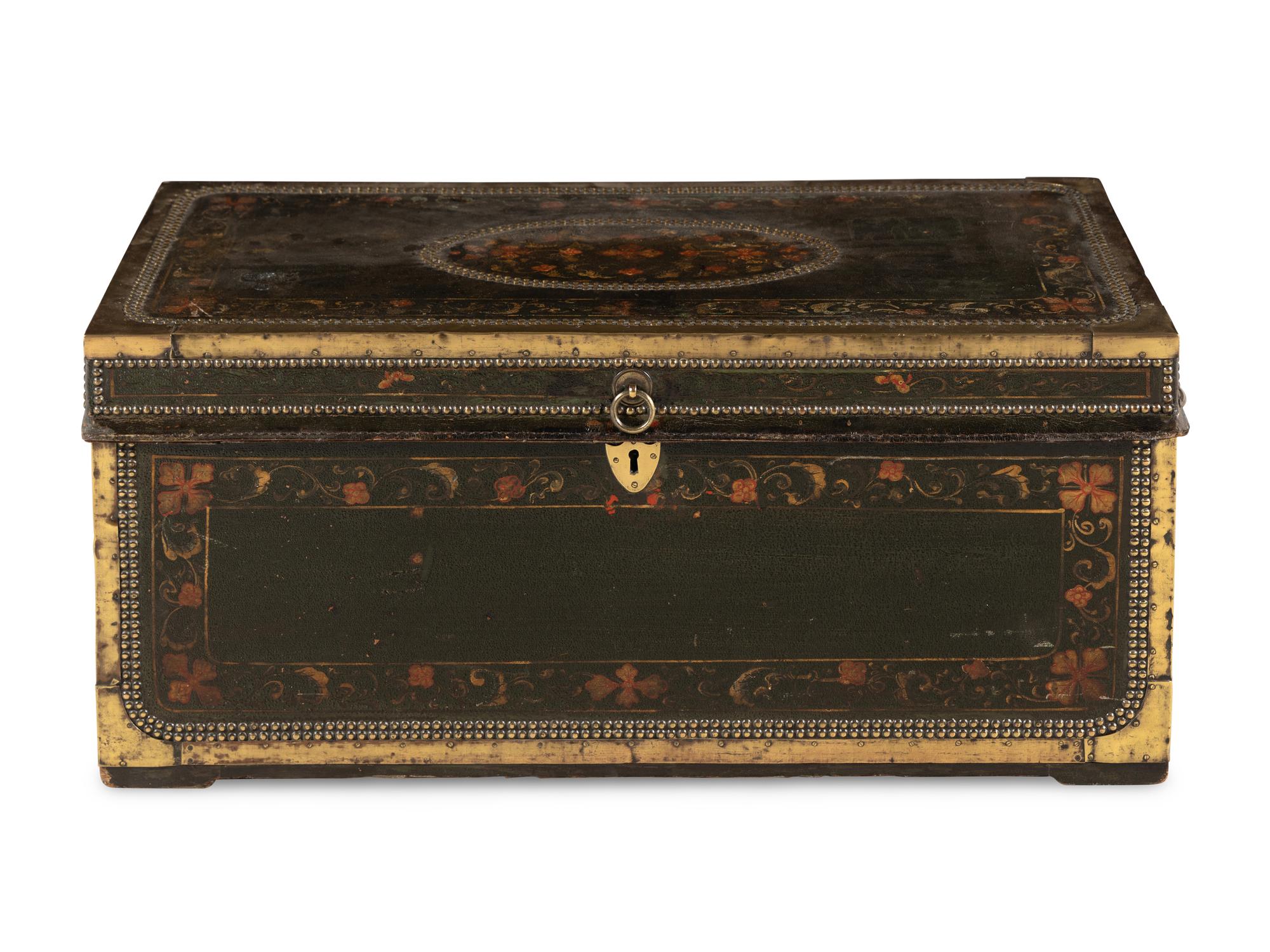 A Brass-Studded Painted Leather Trunk