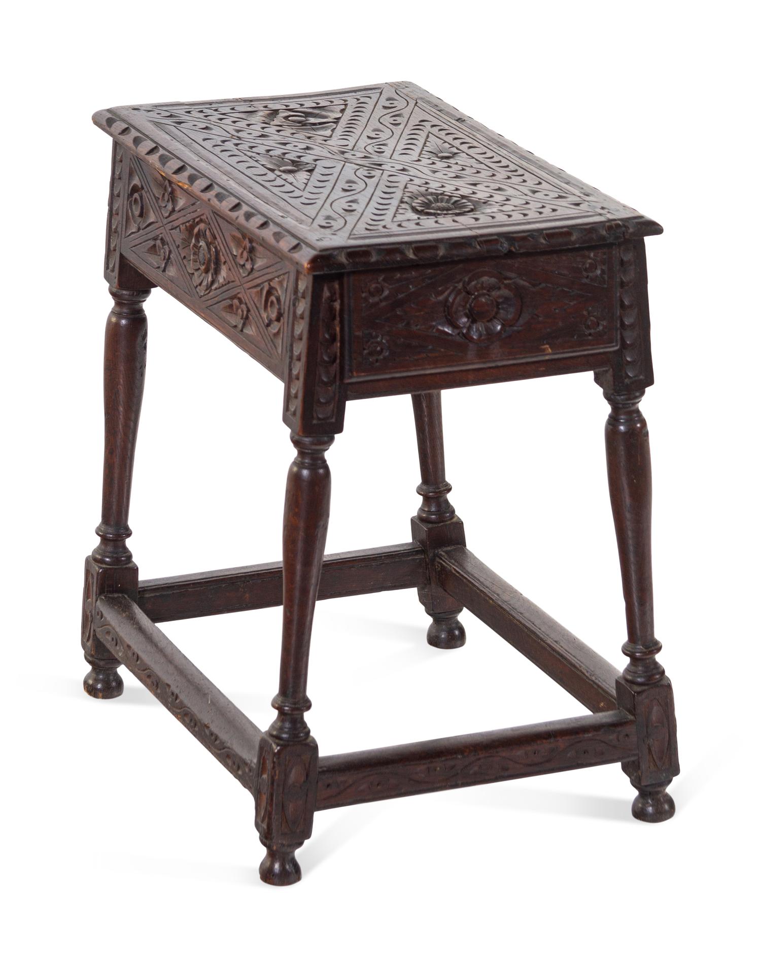 A William and Mary Carved Oak One-Drawer Stool