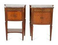 A Pair of Italian Gilt Metal Mounted Fruitwood Commodini with Marble Tops