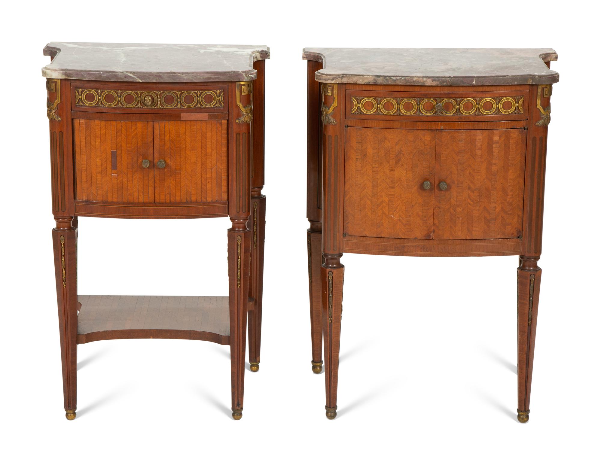 A Pair of Italian Gilt Metal Mounted Fruitwood Commodini with Marble Tops