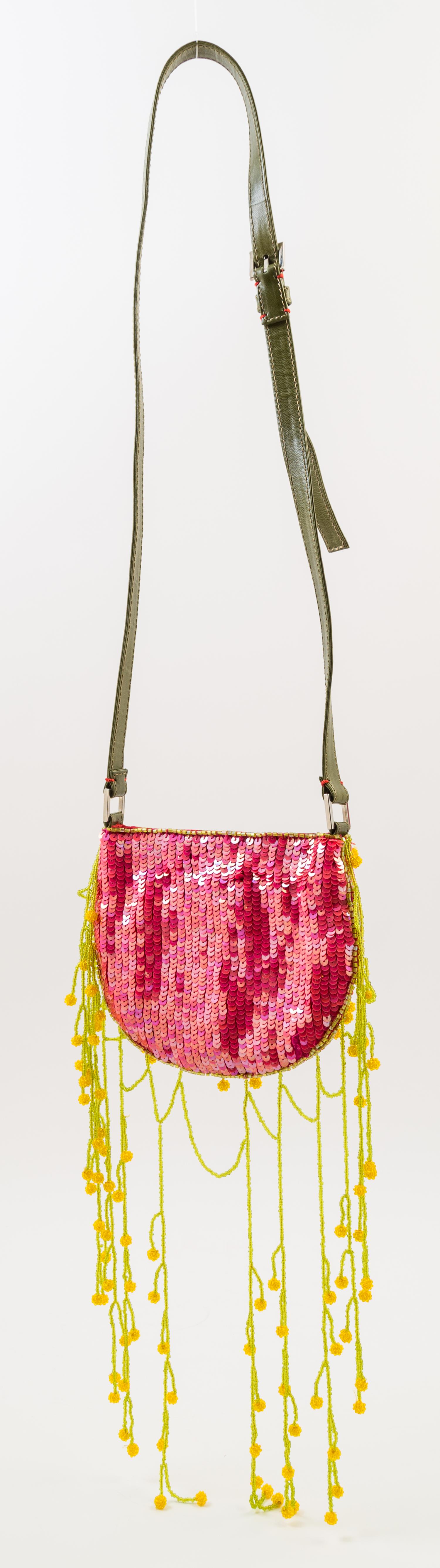 A Valentino Pink Sequin Hand Embroidered Shoulder Bag, 7" x 5.5" x .5"; Strap drop: 17.5".