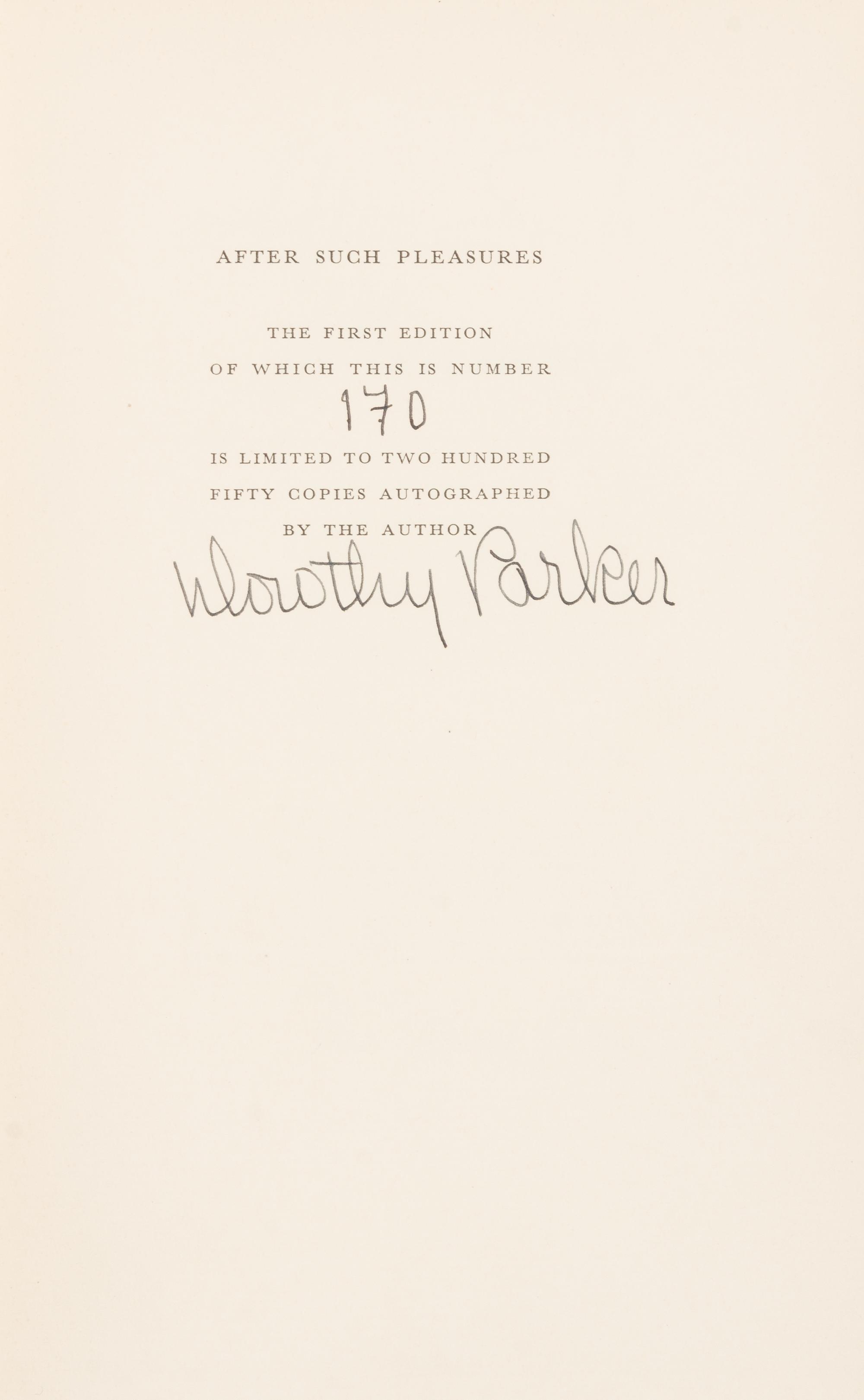 PARKER, Dorothy (1893-1967). After Such Pleasures. New York: The Viking Press, 1933. FIRST EDITION, LIMITED EDITION, SIGNED.