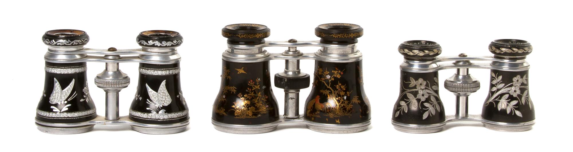 Three Pairs of Overlay or Enamel Opera Glasses, Width of first 4 inches.