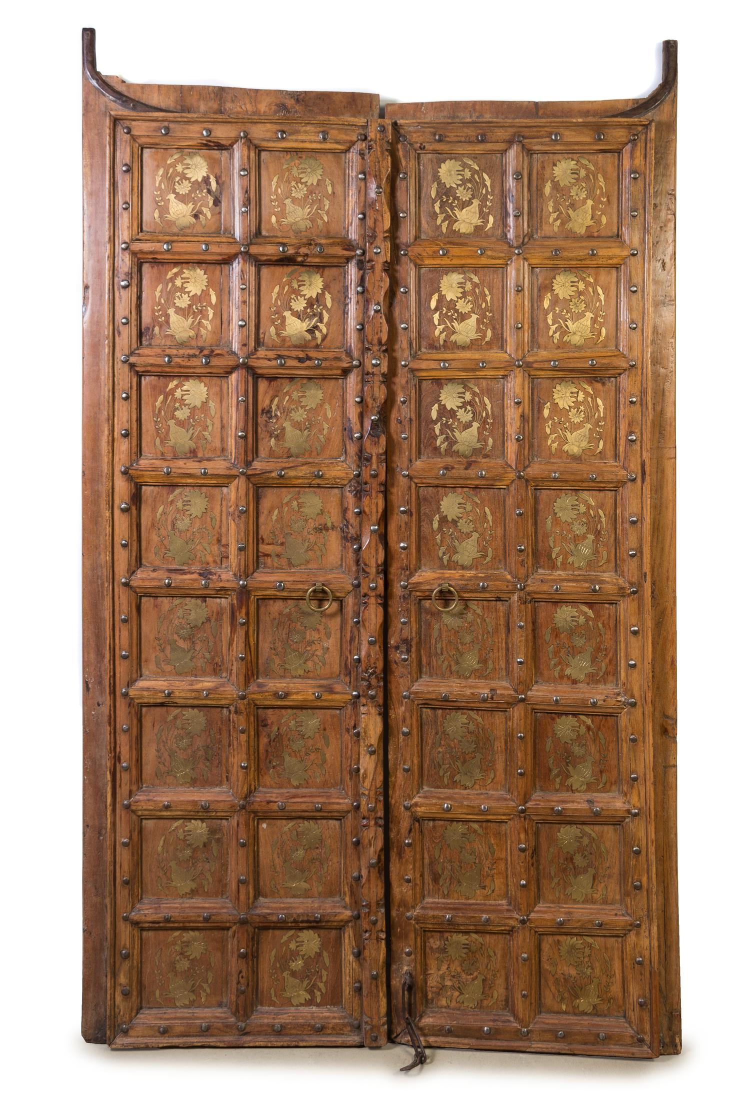 A Pair of Indian Brass Inlaid Hardwood Doors, Height 89 1/2 x width 27 1/4 inches (each).