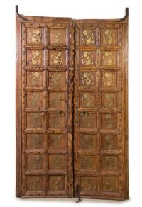 A Pair of Indian Brass Inlaid Hardwood Doors, Height 89 1/2 x width 27 1/4 inches (each).