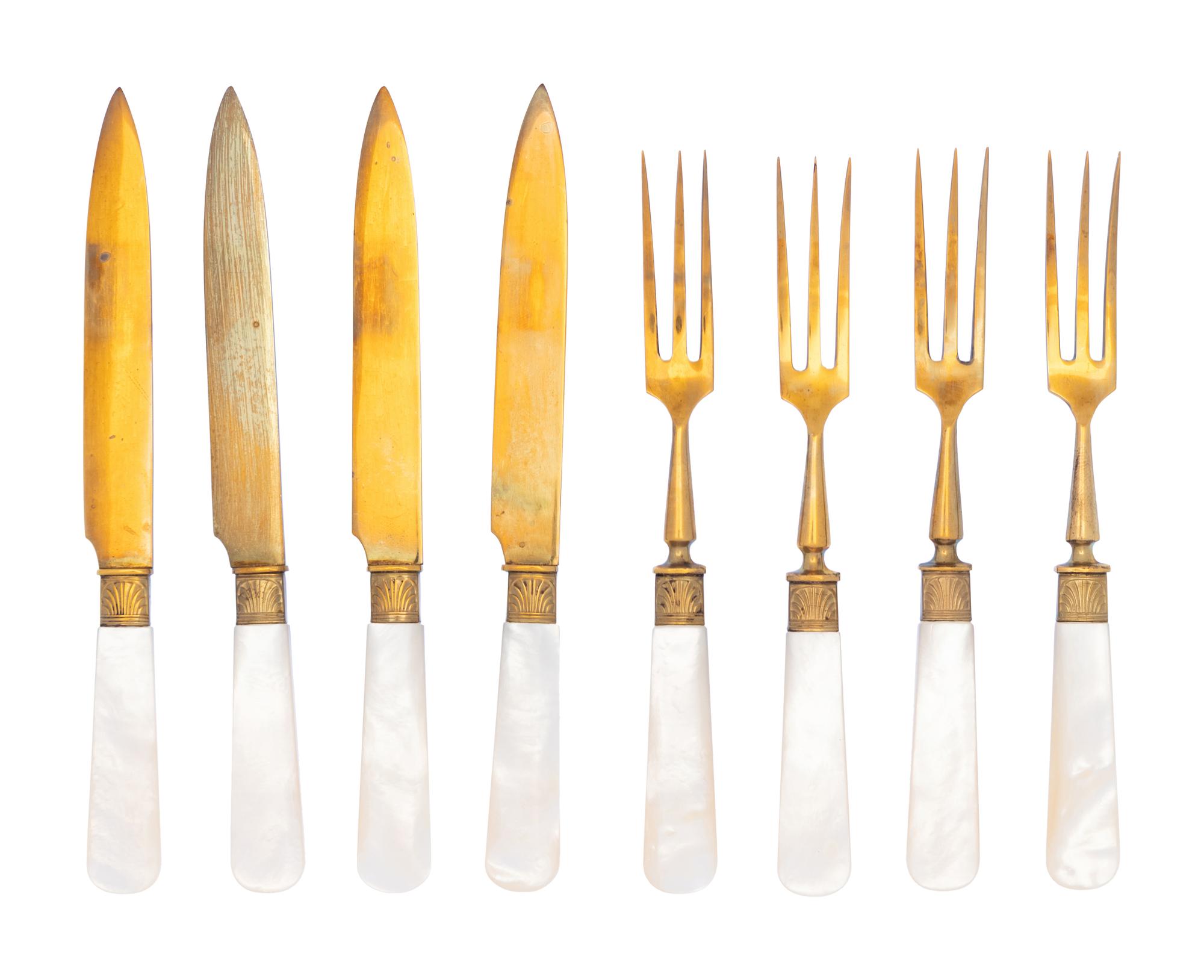 A Cased Eight-Piece Set of French Mother-of-Pearl Handled Flatware Articles