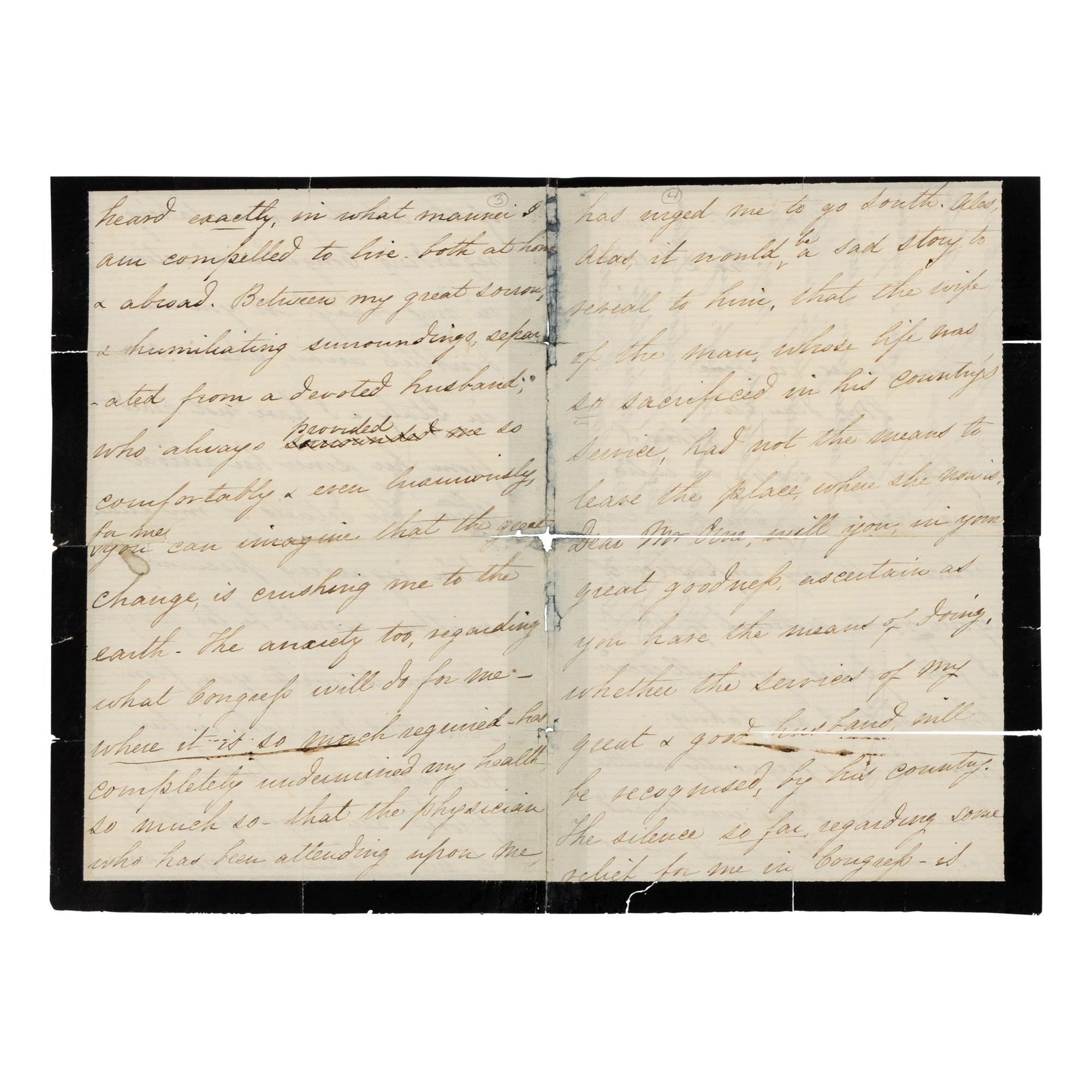 LINCOLN, Mary Todd (1818-1882). Autograph letter signed ("Mrs. A. Lincoln") to James Orne, Frankfurt, 2 February 1870.
