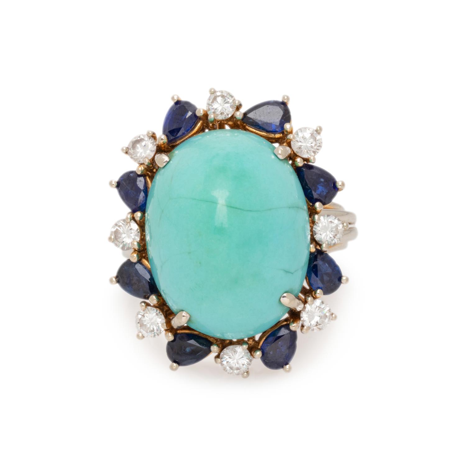 TURQUOISE, DIAMOND AND SAPPHIRE RING