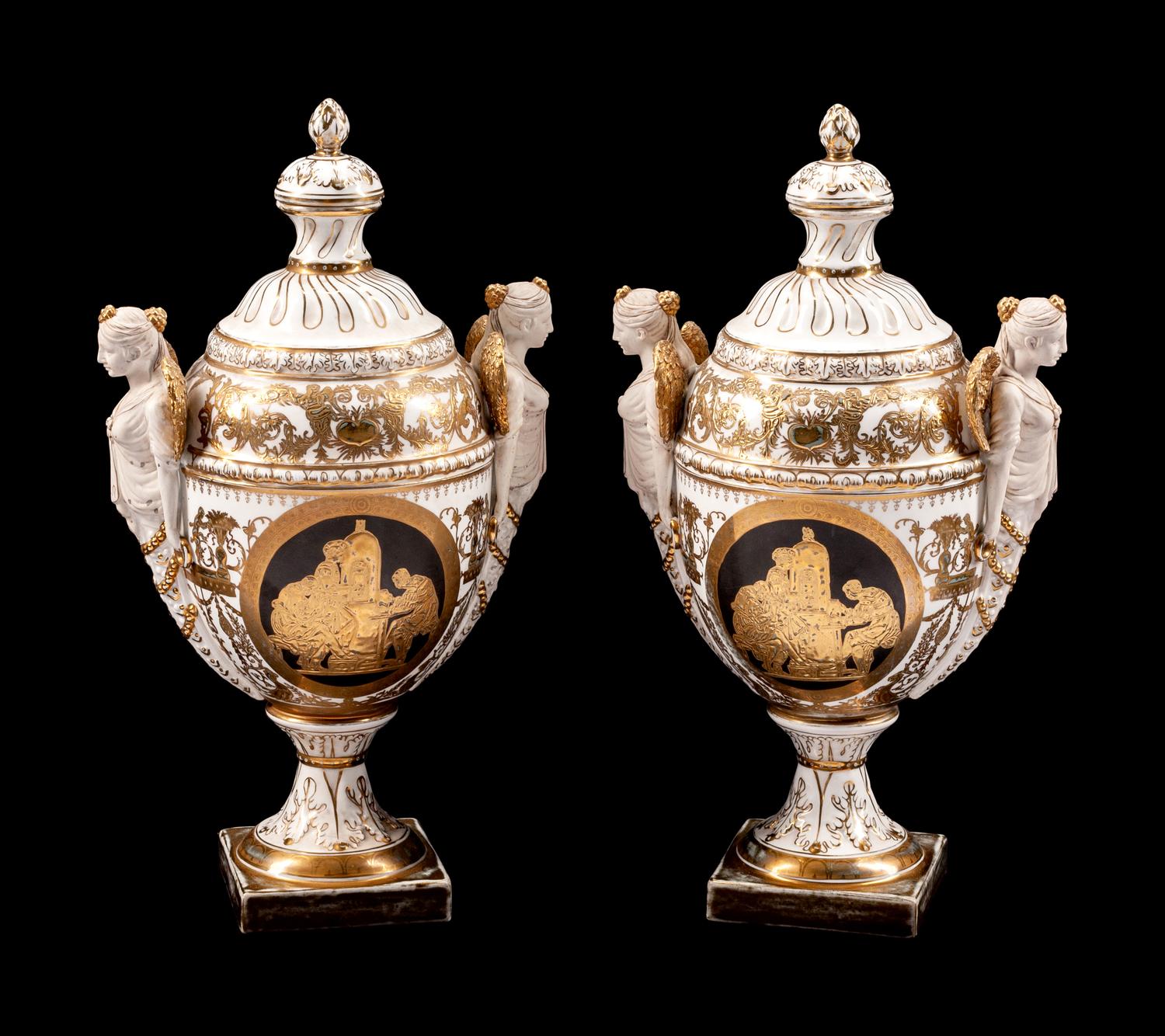 A Pair of German Bisque and Porcelain Vases and Covers
