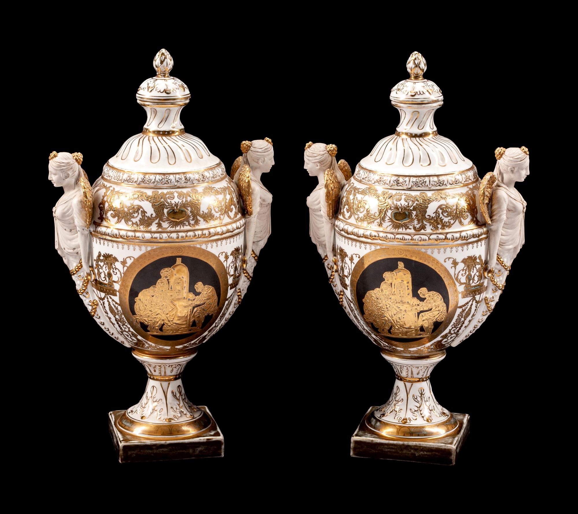A Pair of German Bisque and Porcelain Vases and Covers
