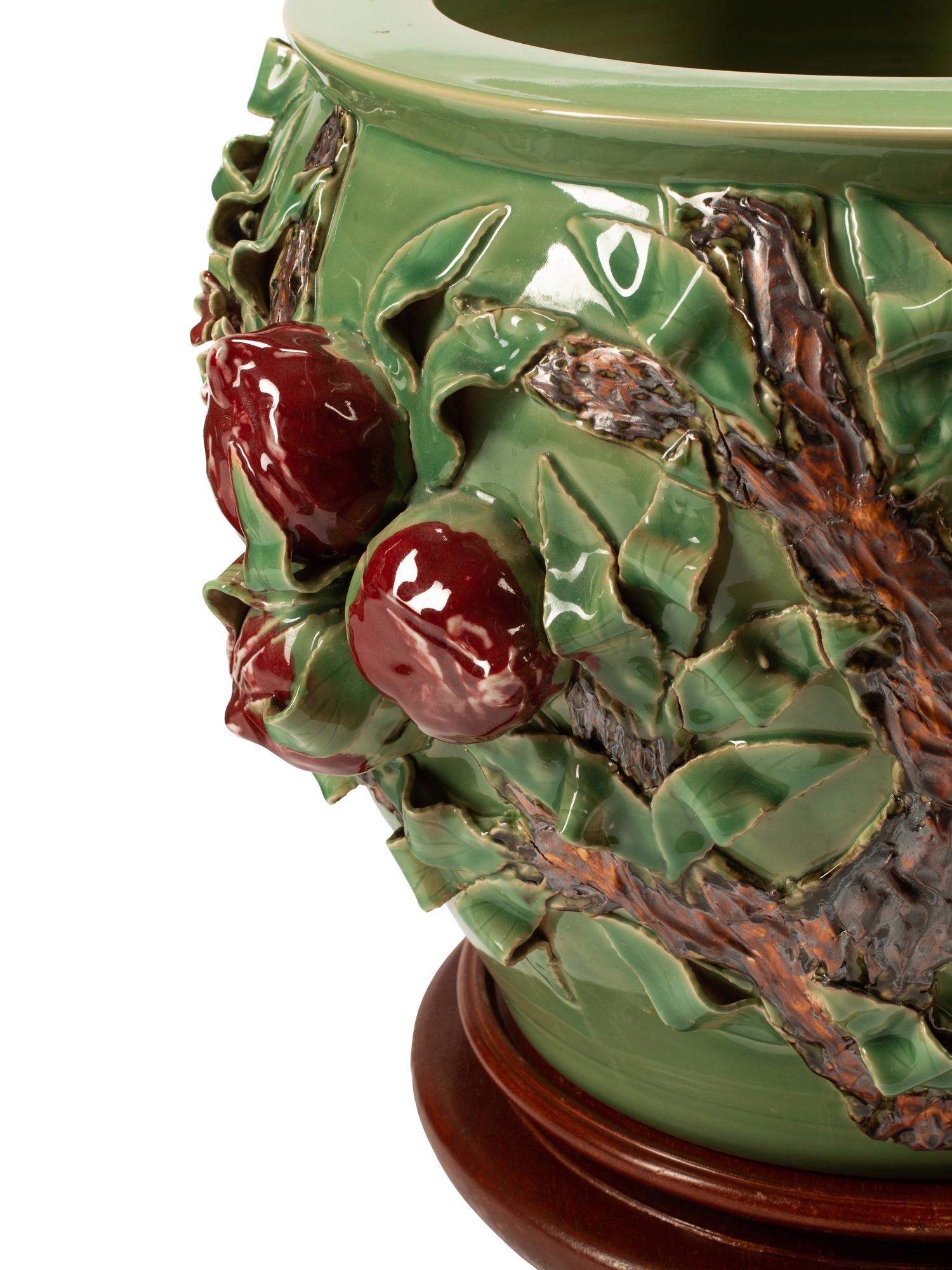 A Pair of Chinese Export Celadon and Copper Red Glazed Porcelain Peach Motif Jardinieres