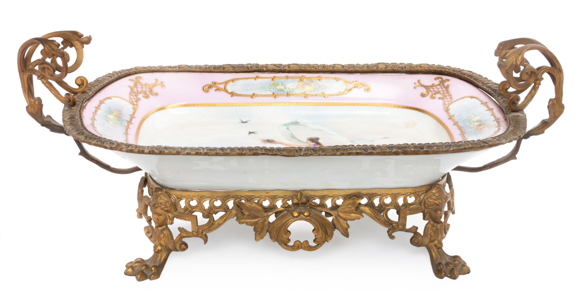 A Sevres Style Gilt Metal Porcelain Center Bowl Width over handles 20 inches.