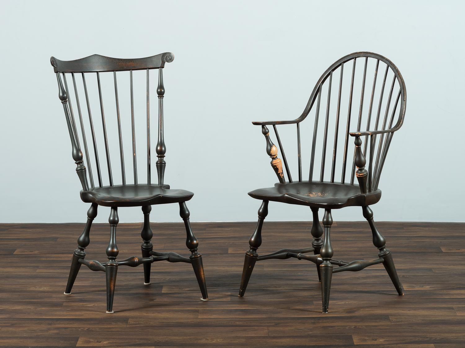 Two D.R. Dimes Black Painted Windsor Chairs