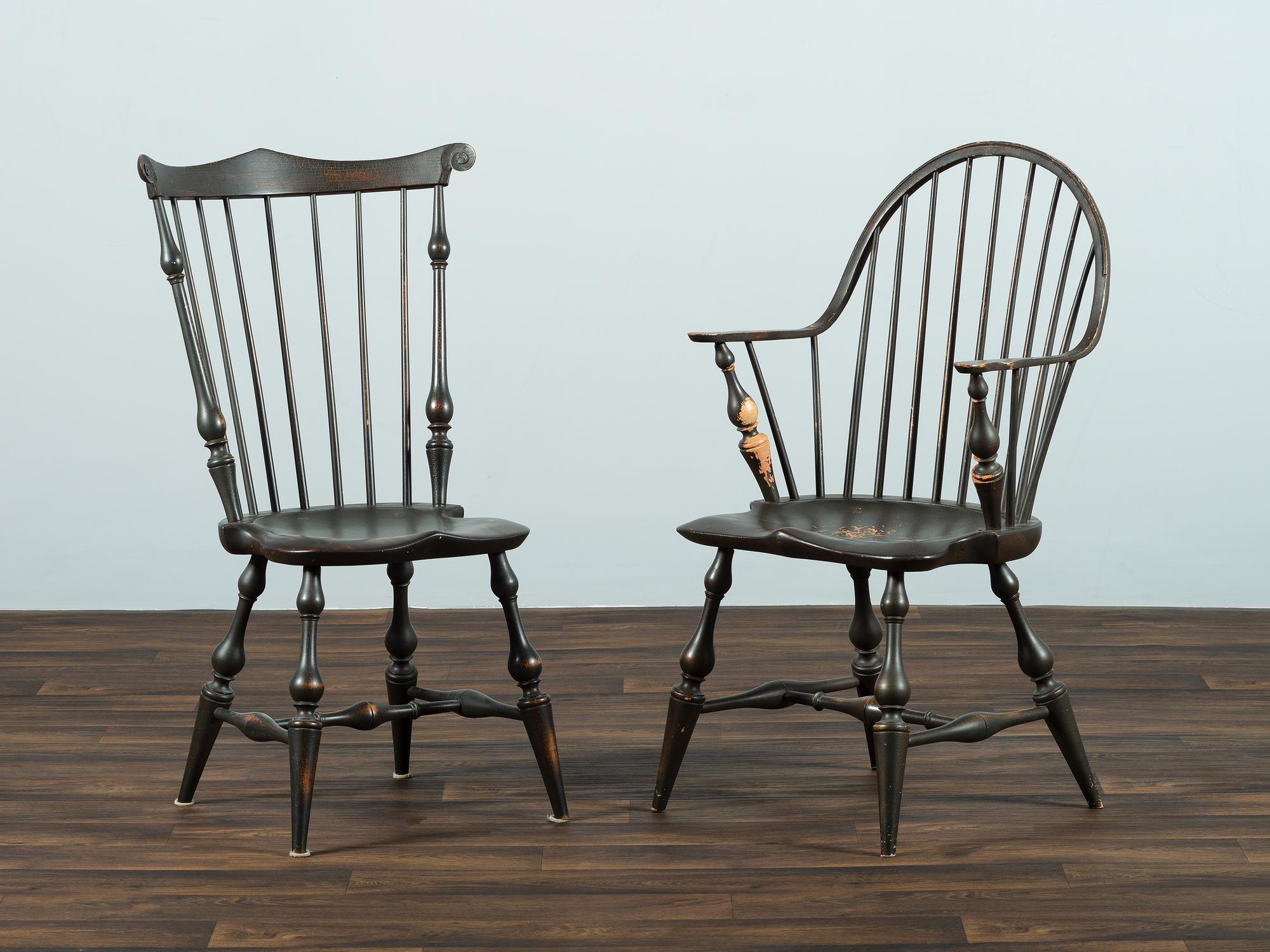 Two D.R. Dimes Black Painted Windsor Chairs