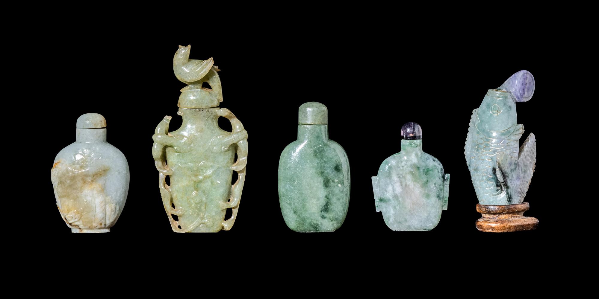 Five Chinese Jadeite Snuff Bottles