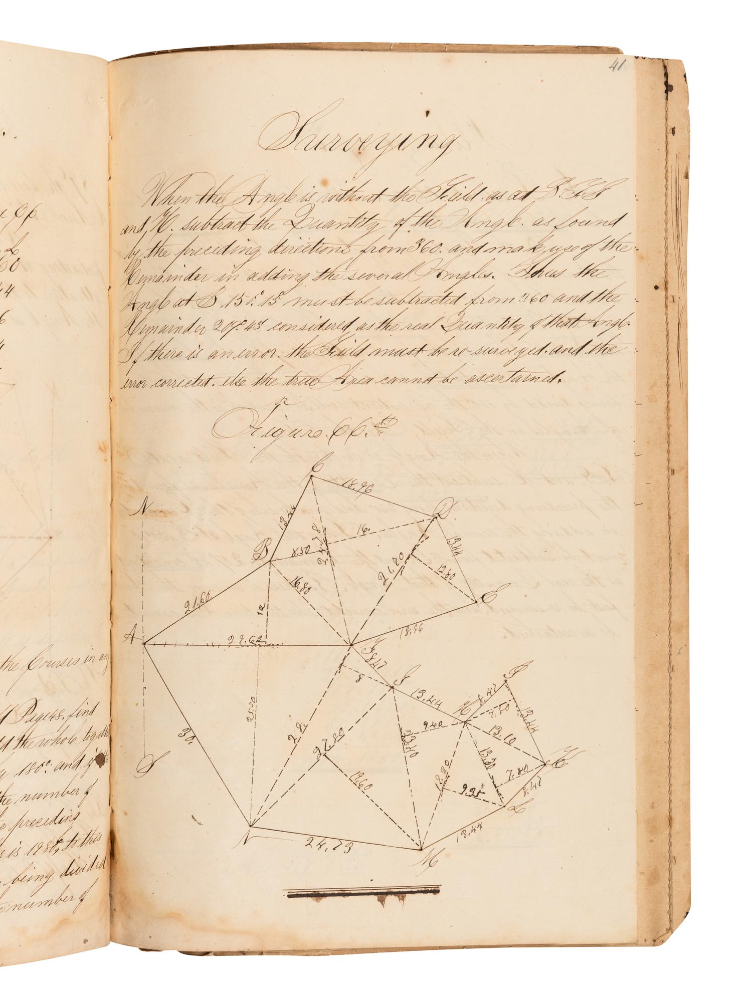 [MANUSCRIPT – SURVEYING]. Notebook containing surveying, navigation, and examples of practical arithmetic. Mystic River, CT, 1860.