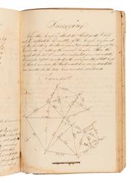 [MANUSCRIPT – SURVEYING]. Notebook containing surveying, navigation, and examples of practical arithmetic. Mystic River, CT, 1860.