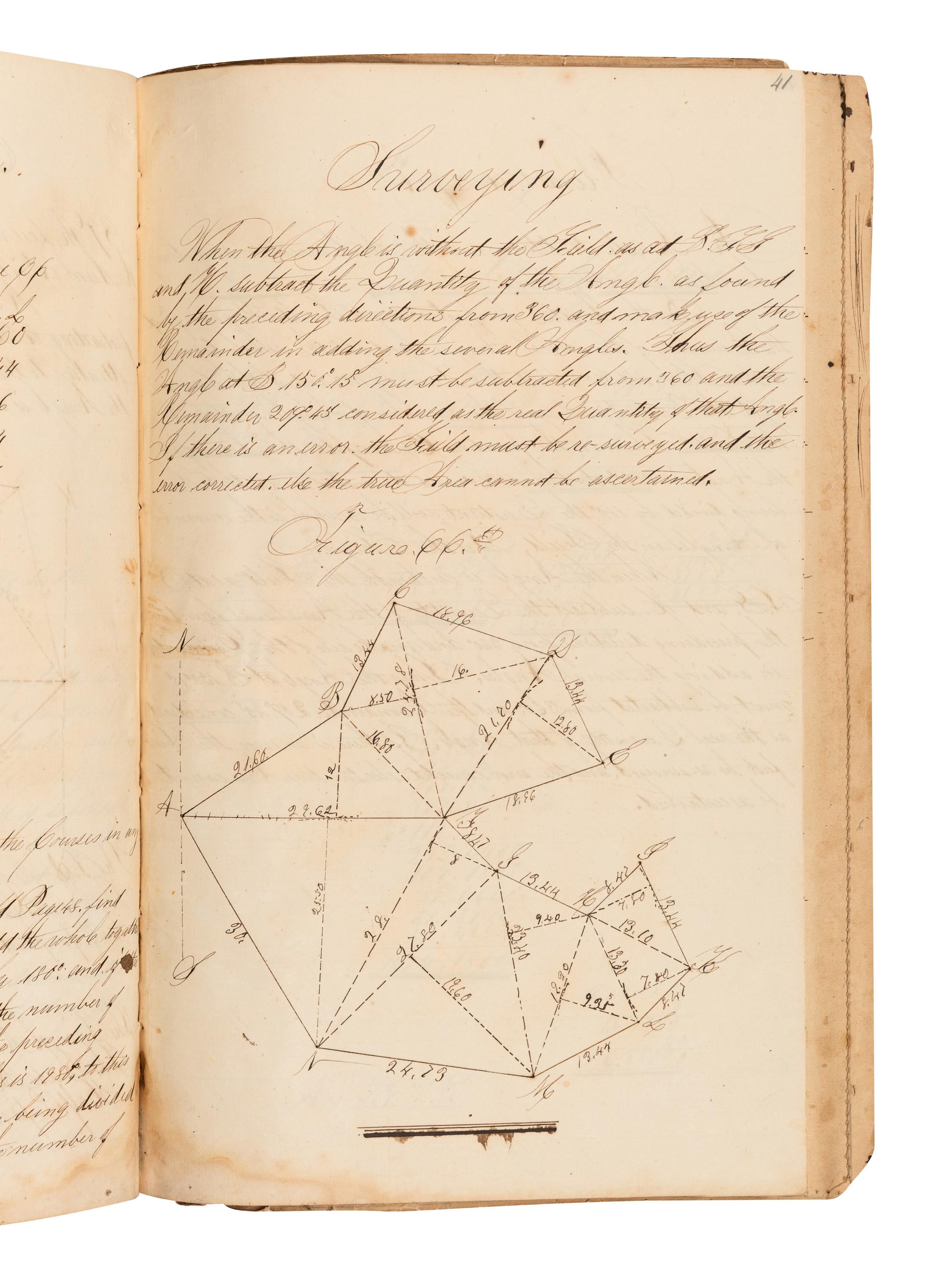 [MANUSCRIPT – SURVEYING]. Notebook containing surveying, navigation, and examples of practical arithmetic. Mystic River, CT, 1860.