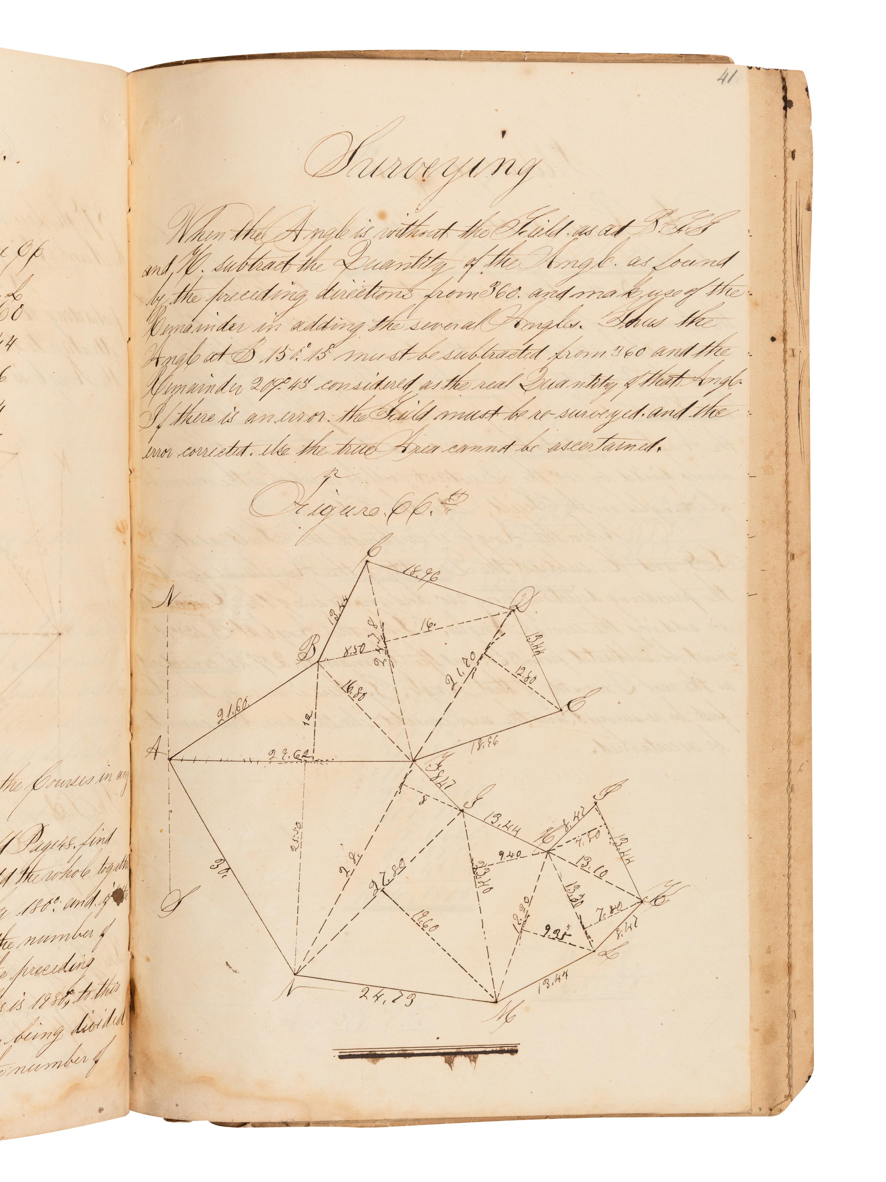 [MANUSCRIPT – SURVEYING]. Notebook containing surveying, navigation, and examples of practical arithmetic. Mystic River, CT, 1860.