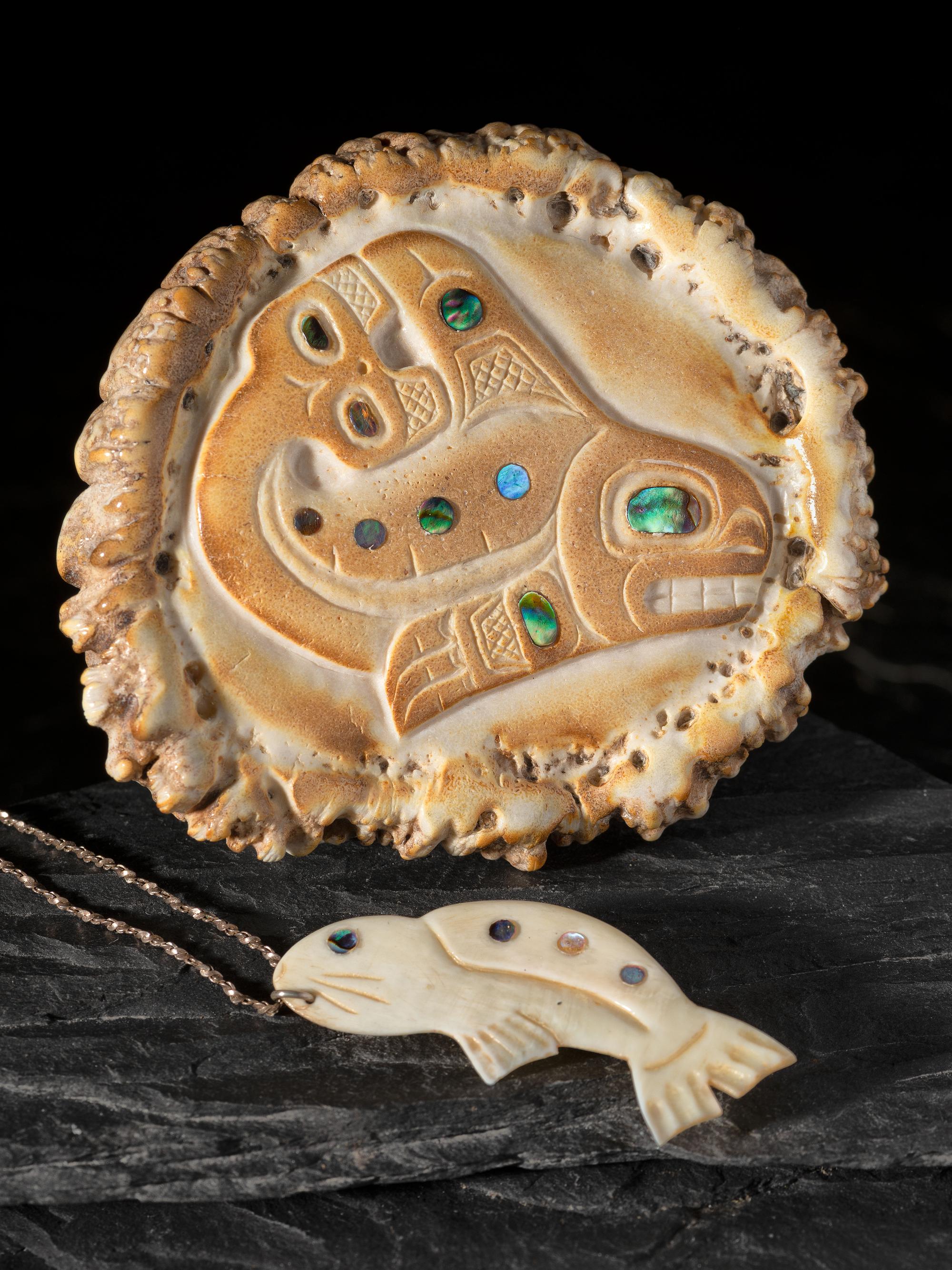 Antler Killer Whale Belt Buckle AND Walrus Ivory Seal Pendant