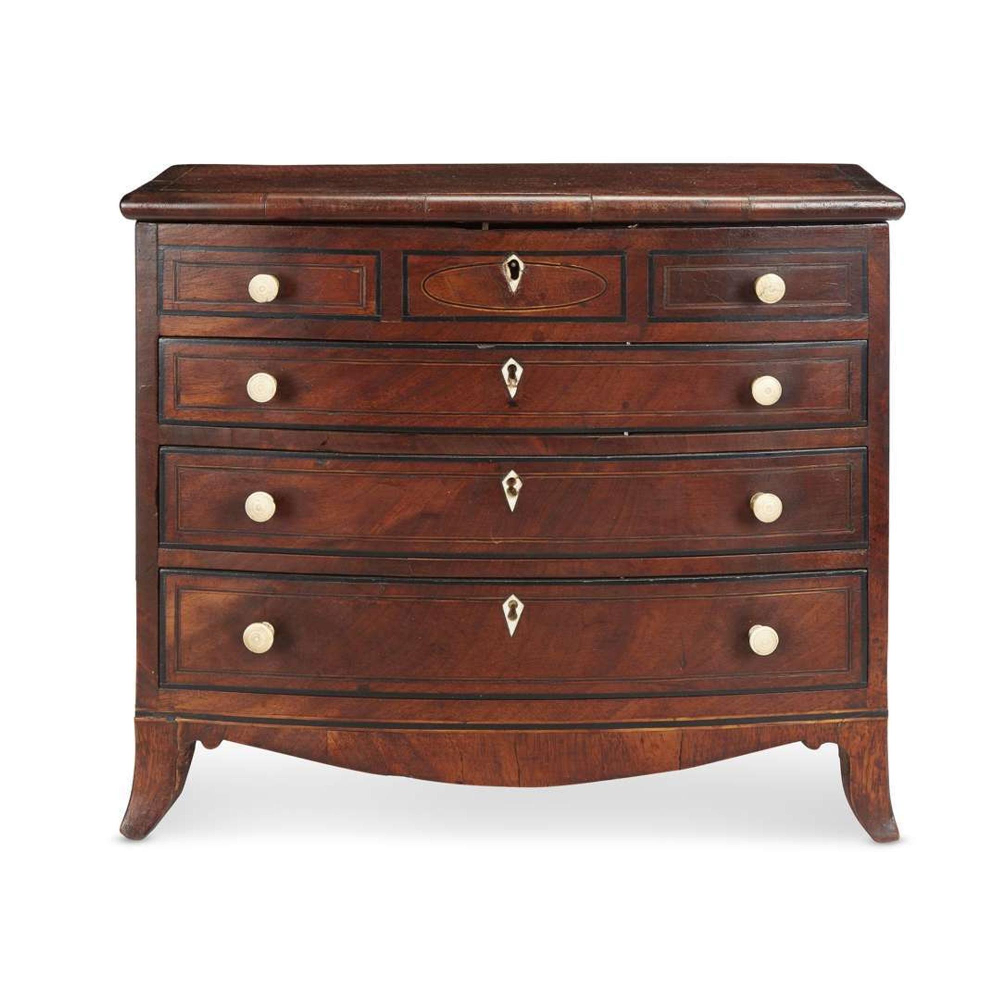 Miniature inlaid mahogany bowfront chest of drawers early 19th century