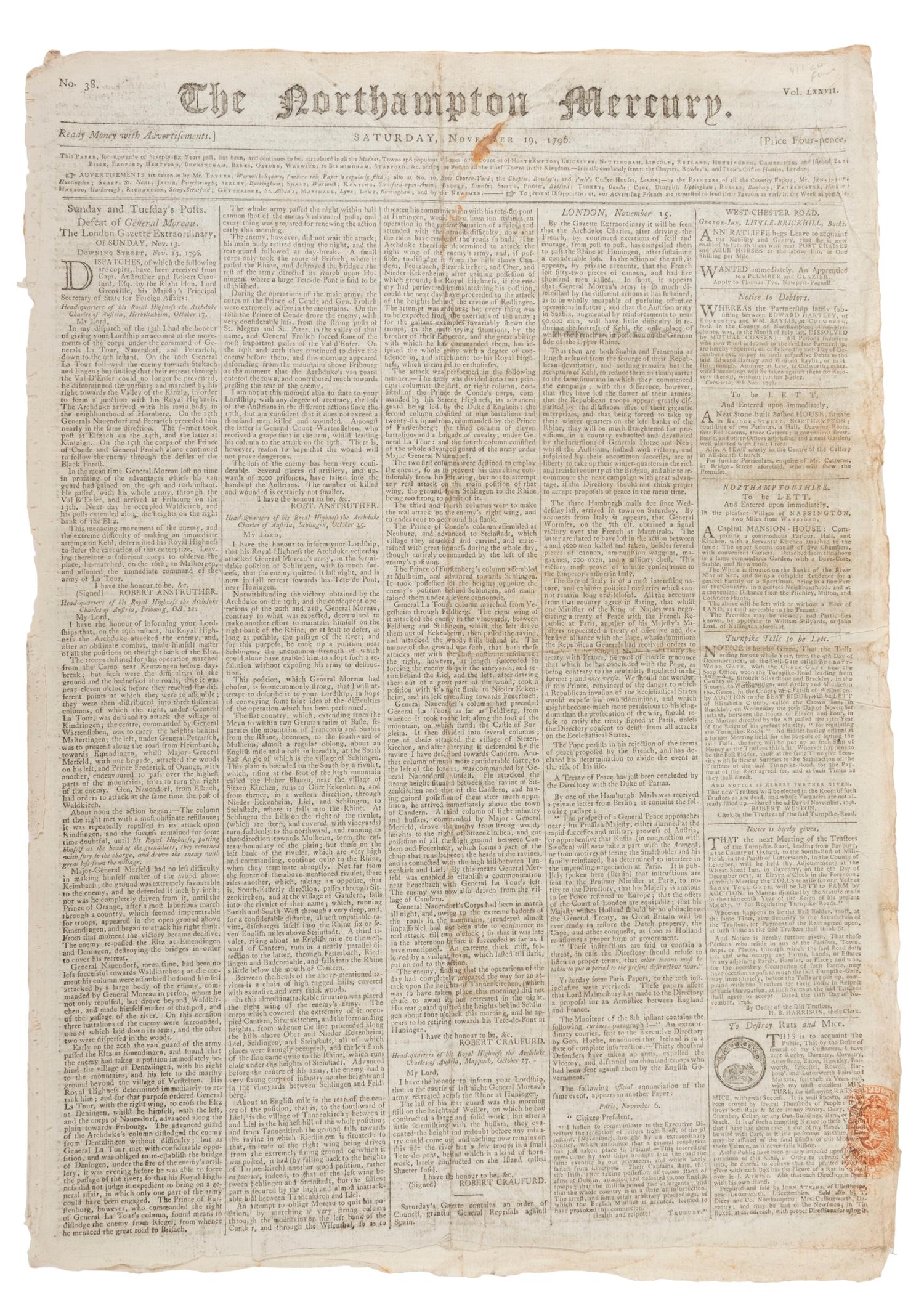 [WASHINGTON, George (1732-1799)]. The Northampton Mercury . Vol. LXXVII, No. 38. Northampton: T. Dicey & Co, 19 November 1796.