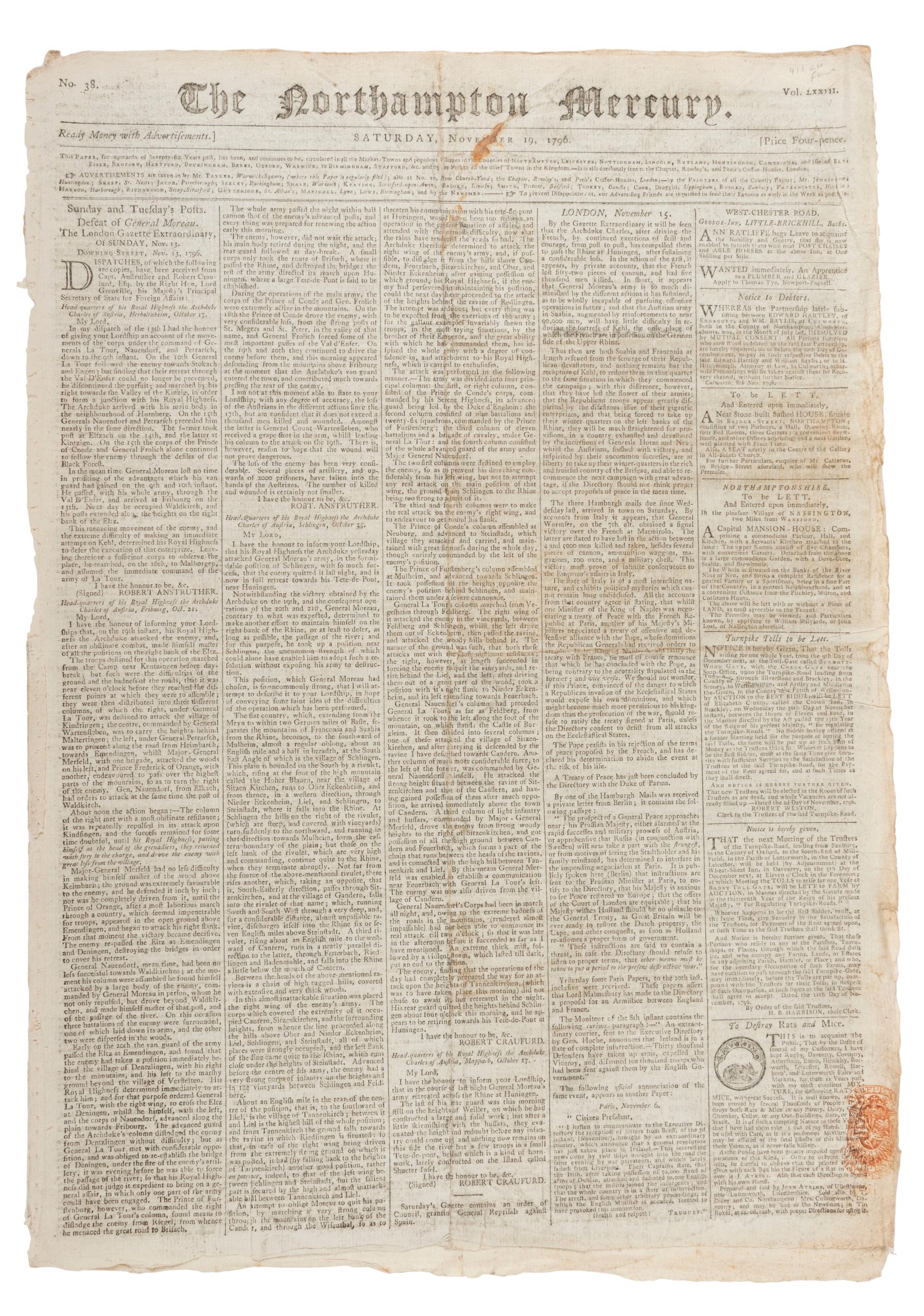 [WASHINGTON, George (1732-1799)]. The Northampton Mercury . Vol. LXXVII, No. 38. Northampton: T. Dicey & Co, 19 November 1796.