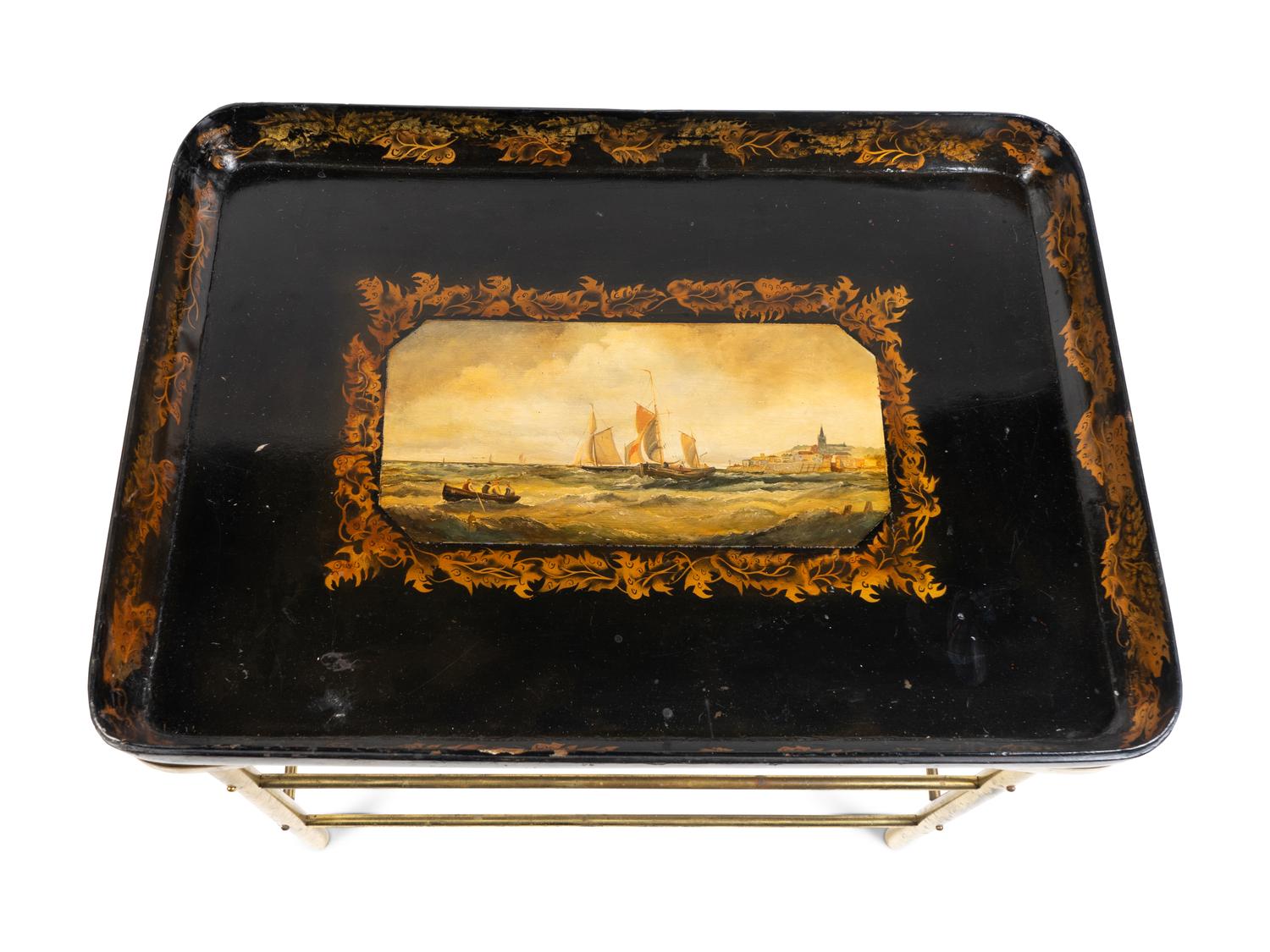 A Victorian Papier-Mâché Tray on Later Brass Stand — THE TRAY 19TH CENTURY