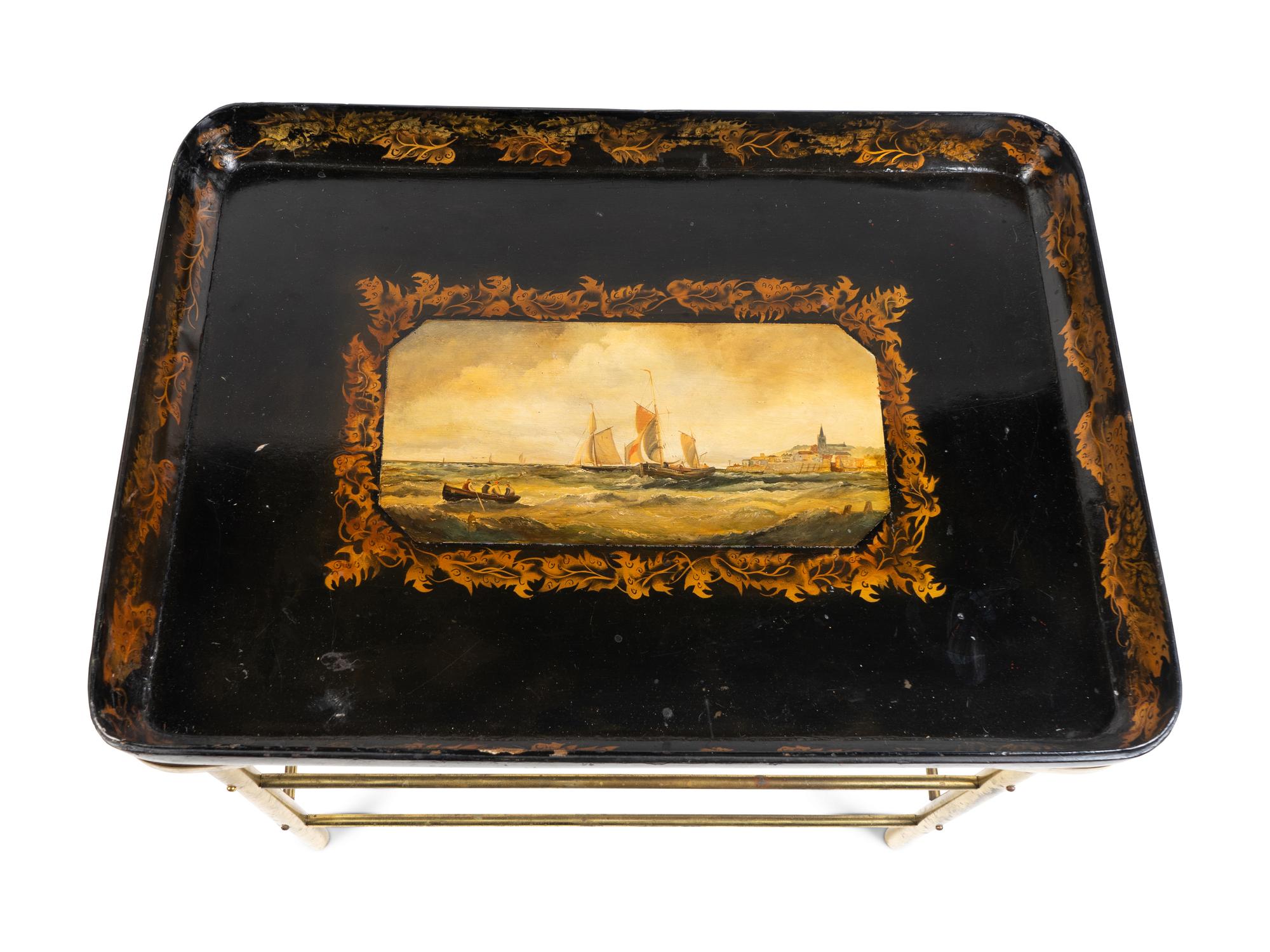 A Victorian Papier-Mâché Tray on Later Brass Stand — THE TRAY 19TH CENTURY