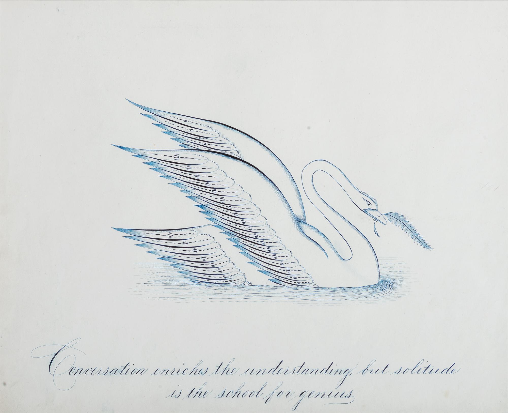 A Framed Penmanship Sample with Swan